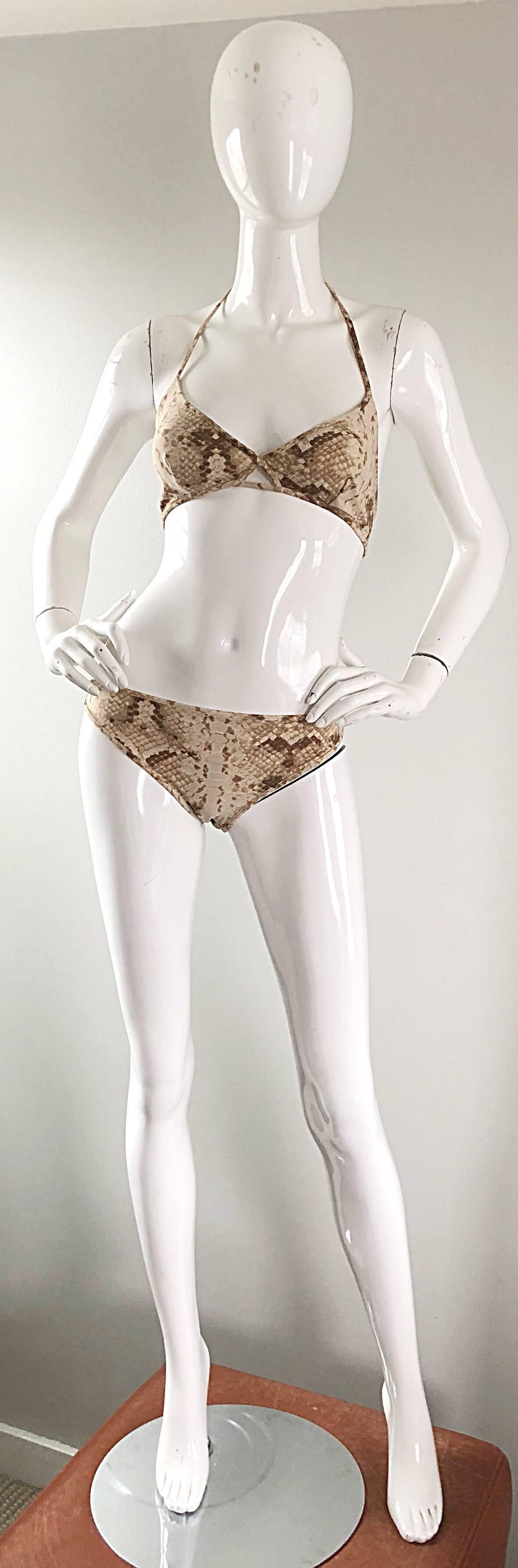 Brand new with tags TOM FORD for YVES SAINT LAURENT snakeskin print two piece swimwear! Flattering animal print. Top ties at top back neck, with a cut-out at center bust. Low rise briefs. Plenty of stretch. Classic timeless style. Made in