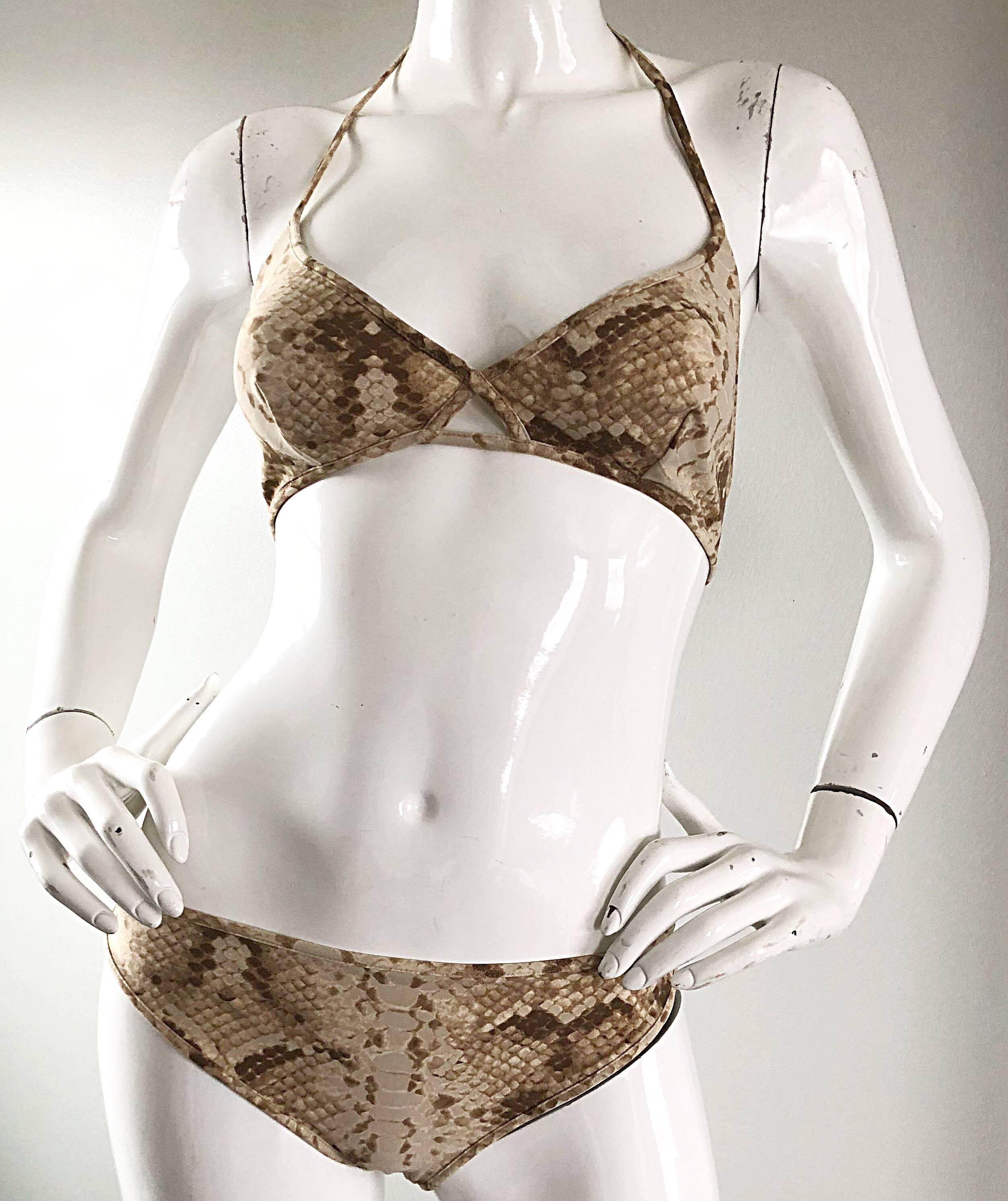 Brown Tom Ford for Yves Saint Laurent Snake Skin Print Two Piece Bikini Swimsuit