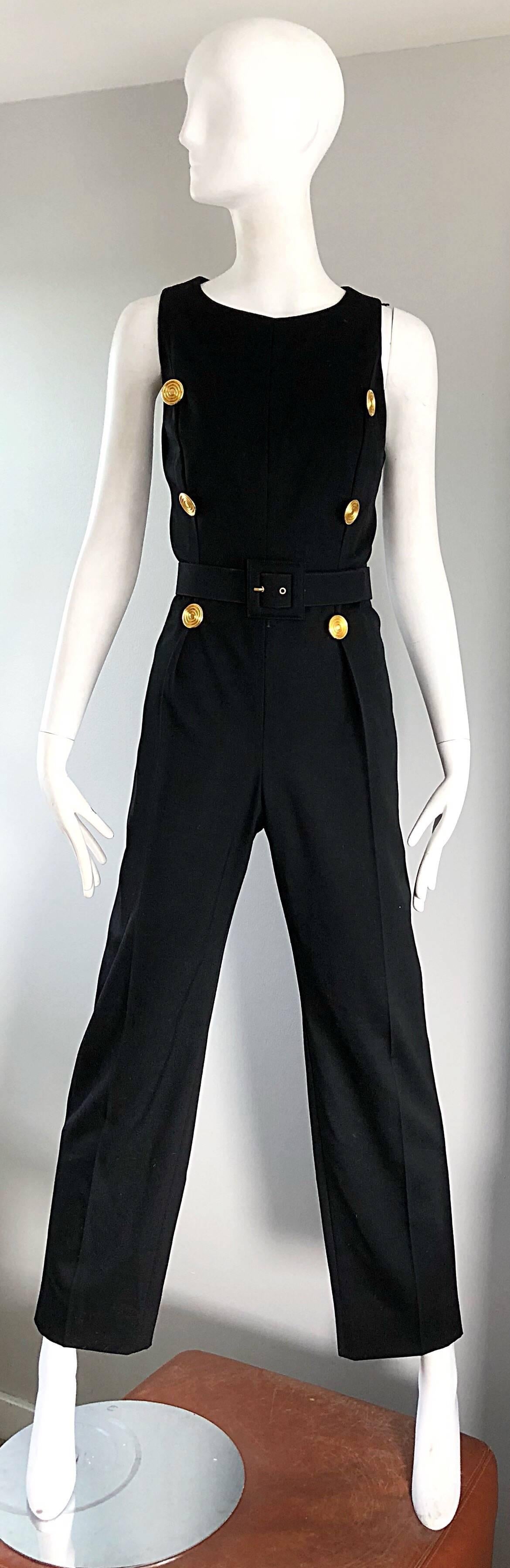 Amazing 1990s / 90s GIVENCHY COUTURE, by ALEXANDER MCQUEEN black one piece Jumpsuit and cropped blazer jacket! Features a tailored sleeveless jumpsuit, original belt, and matching cropped bolero jacket. Mock gold hammered buttons up the up the sides