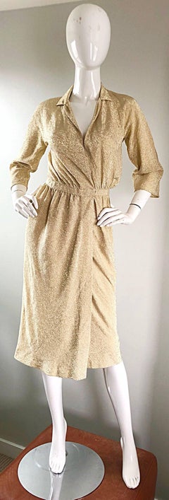 Halston 1970s Gold Metallic Silk Lurex Couture Vintage Disco Wrap Shirt Dress