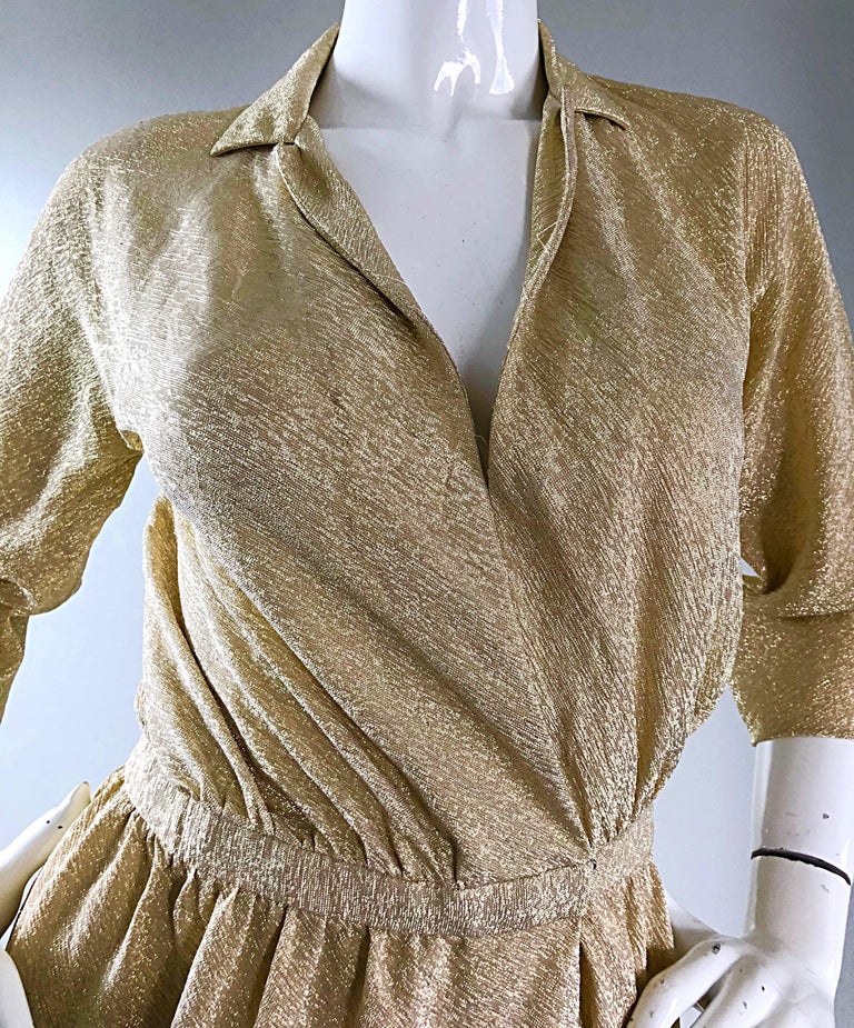 Brown Halston 1970s Gold Metallic Silk Lurex Couture Vintage Disco Wrap Shirt Dress For Sale