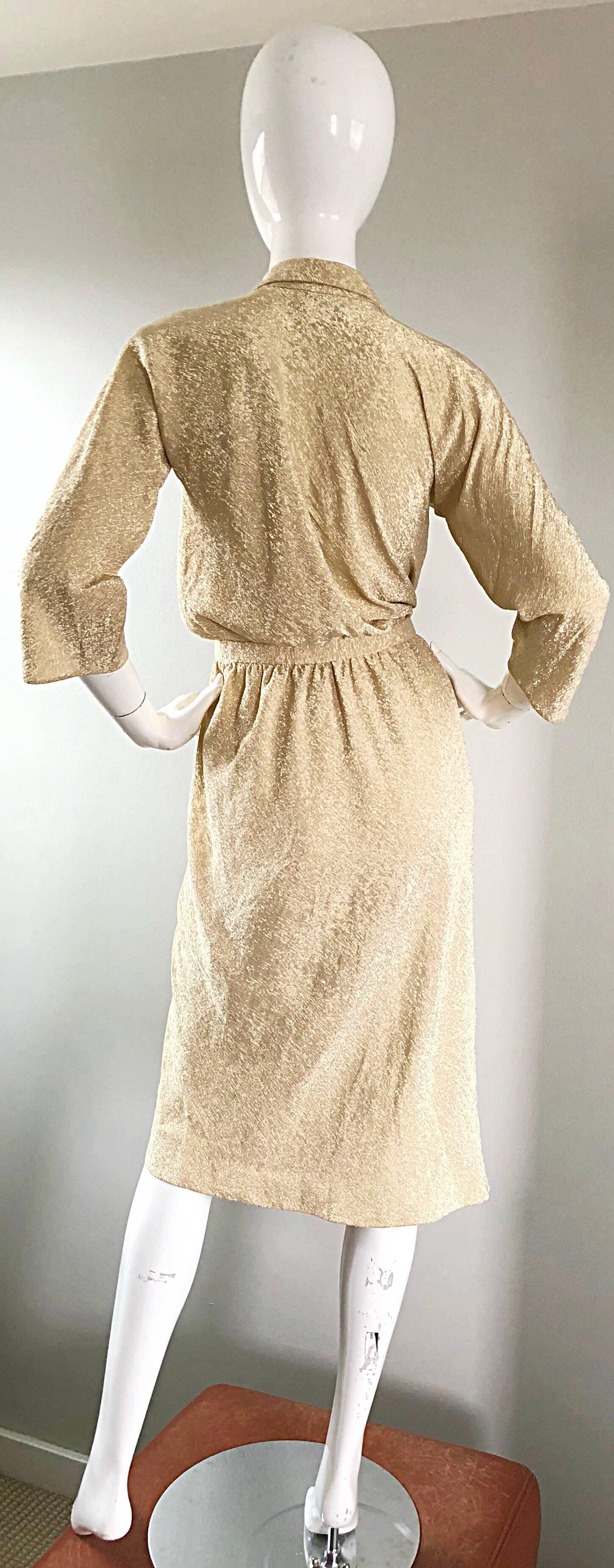 Brown Halston 1970s Gold Metallic Silk Lurex Couture Vintage Disco Wrap Shirt Dress For Sale