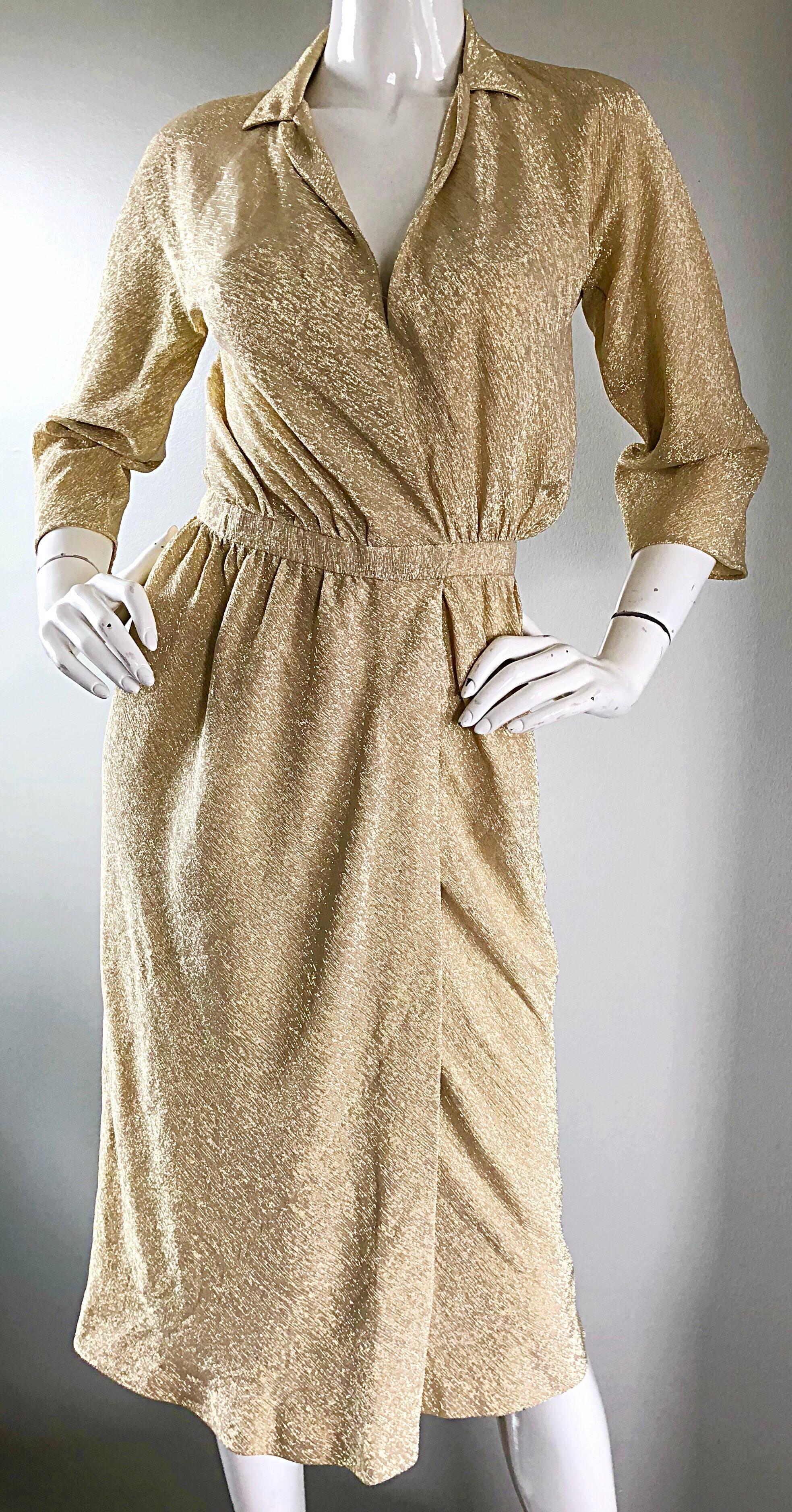 Halston 1970s Gold Metallic Silk Lurex Couture Vintage Disco Wrap Shirt Dress In Excellent Condition For Sale In San Diego, CA