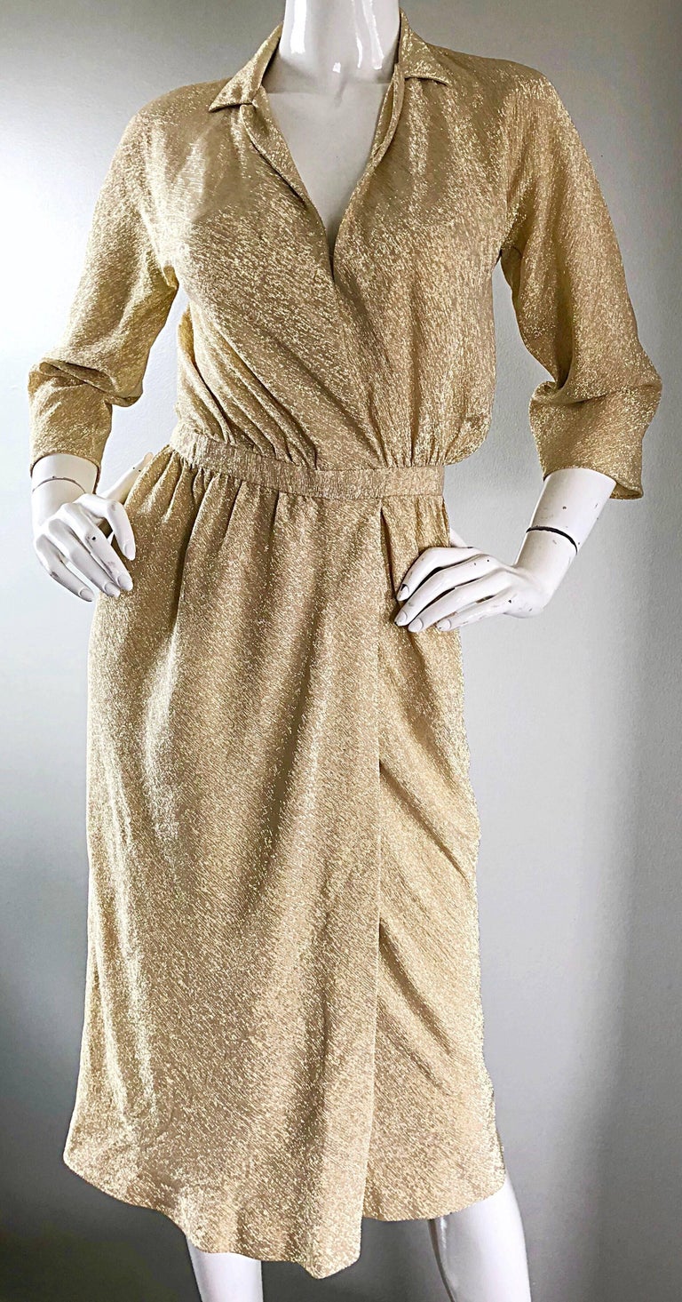 Halston 1970s Gold Metallic Silk Lurex Couture Vintage Disco Wrap Shirt Dress For Sale 2