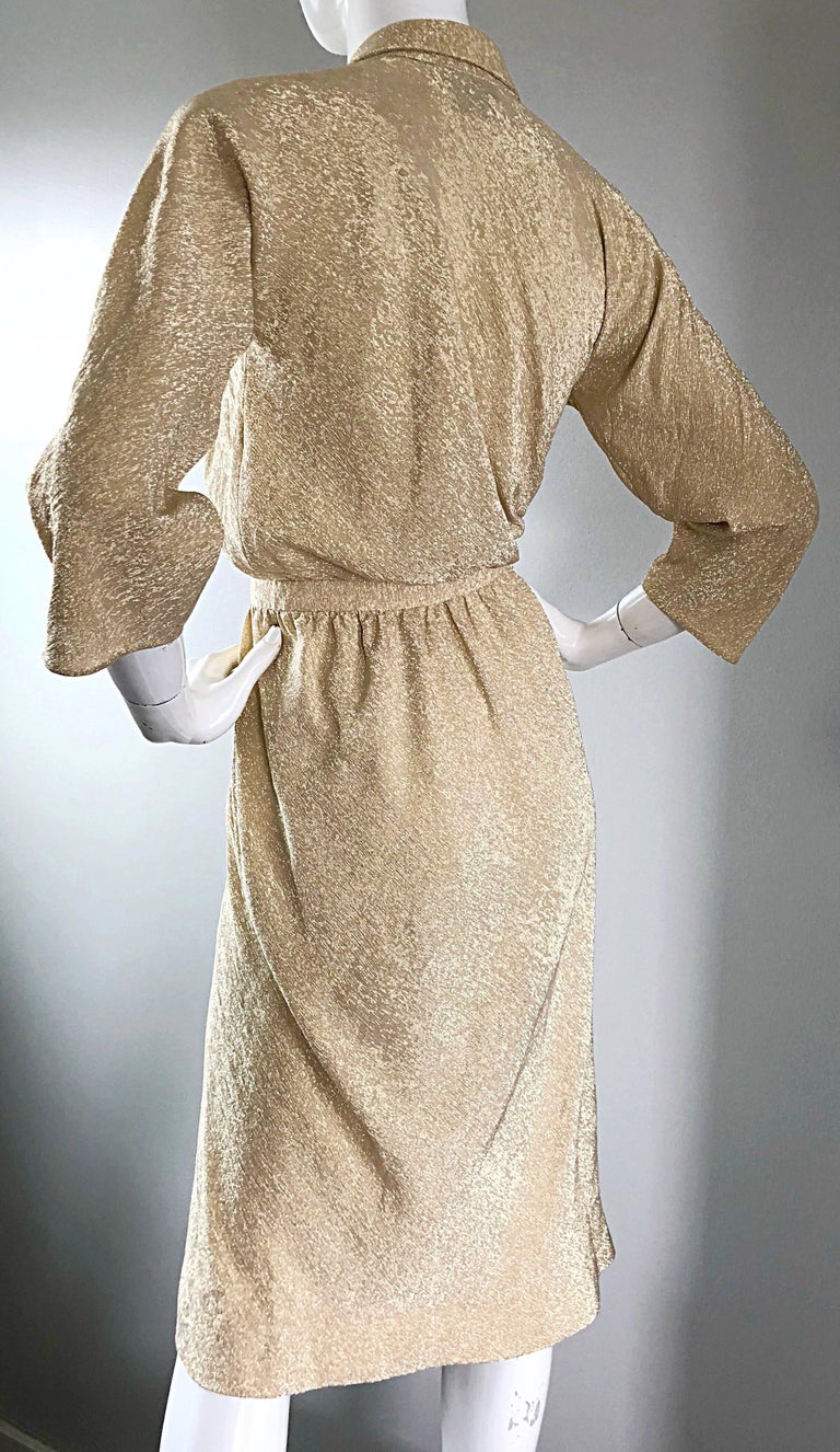 Halston 1970s Gold Metallic Silk Lurex Couture Vintage Disco Wrap Shirt Dress For Sale 3