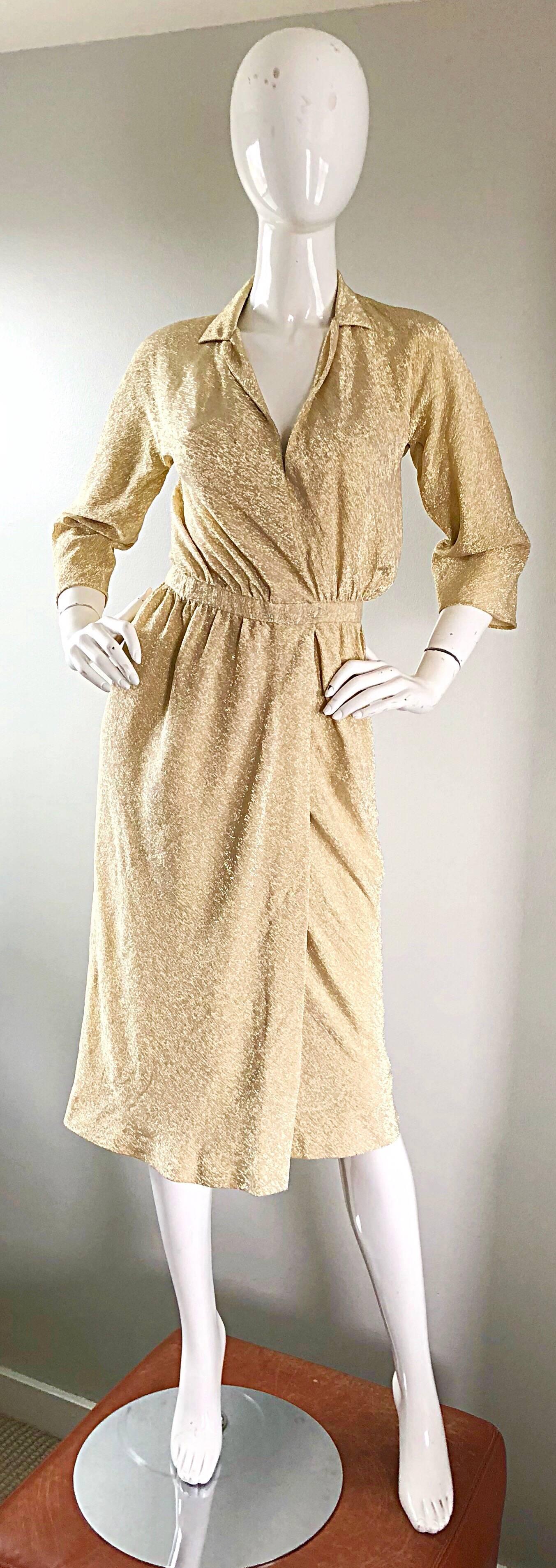 Halston 1970s Gold Metallic Silk Lurex Couture Vintage Disco Wrap Shirt Dress For Sale 1