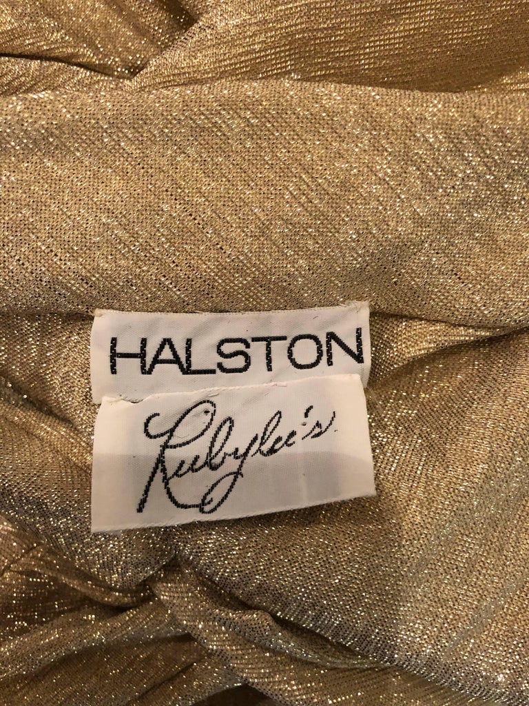 Halston 1970s Gold Metallic Silk Lurex Couture Vintage Disco Wrap Shirt Dress For Sale 5