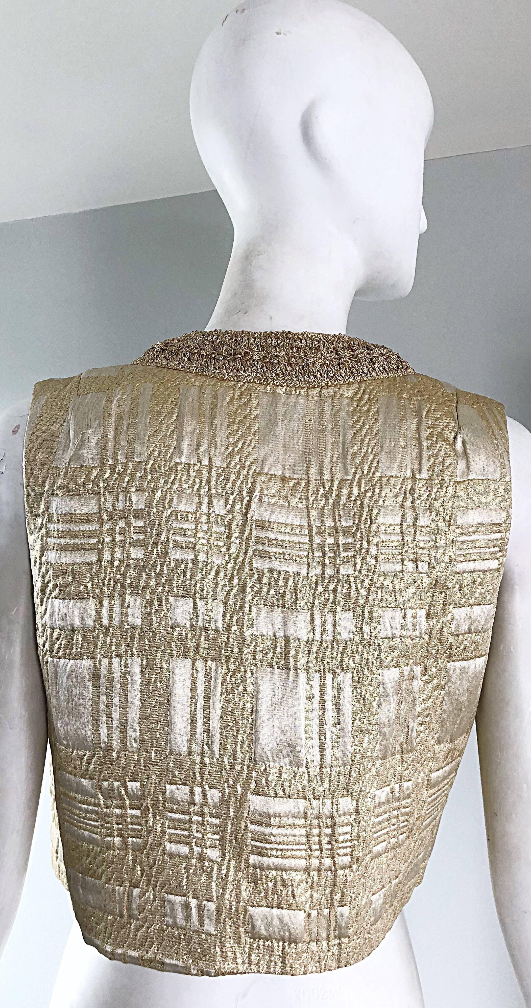 Brown 1960s Saks 5th Avenue Gold Silk Brocade Metallic Vintage 60s Cropped Vest For Sale