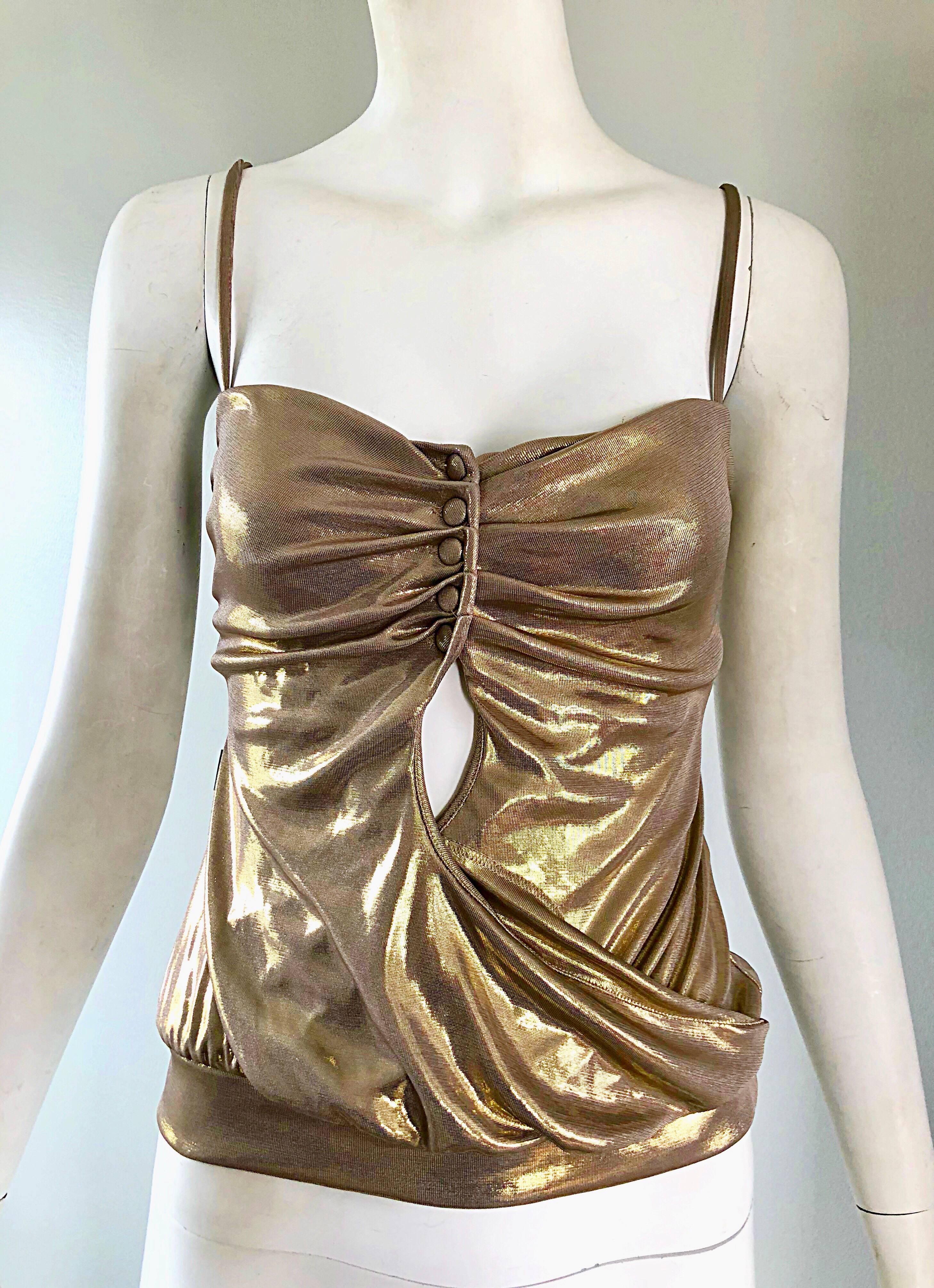 Brown Moschino Jeans 1990s Gold Lame Sexy Cut Out Vintage 90s Sleeveless Top Shirt For Sale
