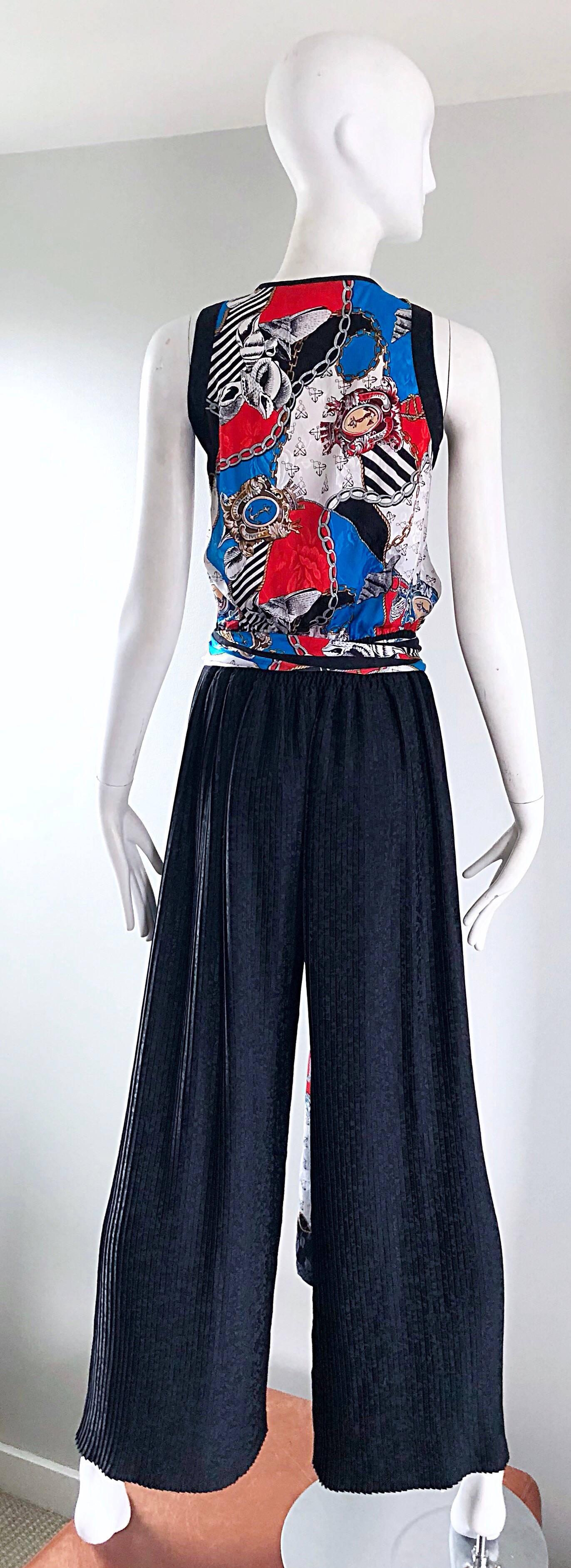 Diane Freis Vintage Nautical Wide Leg Palazzo Jumpsuit And Head Scarf In Excellent Condition In San Diego, CA