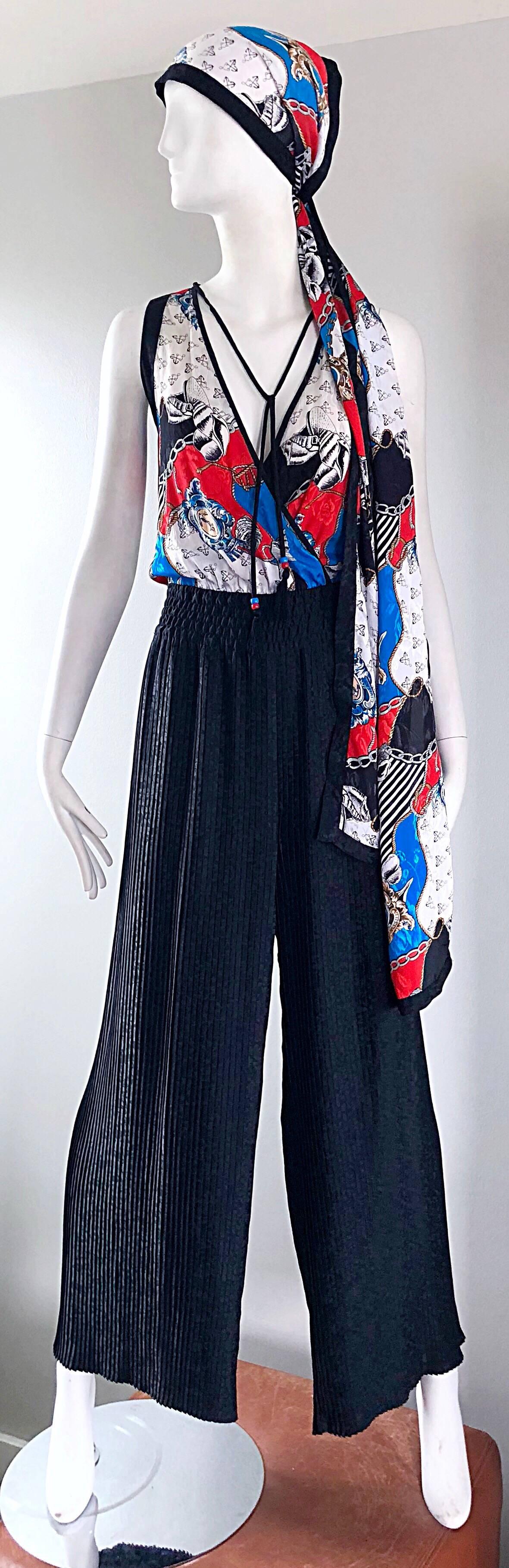 Diane Freis Vintage Nautical Wide Leg Palazzo Jumpsuit And Head Scarf 3