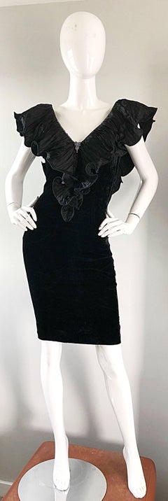 Avant Garde 80s Vintage Black Crushed Velvet Bodycon Rhinestone Cocktail Dress
