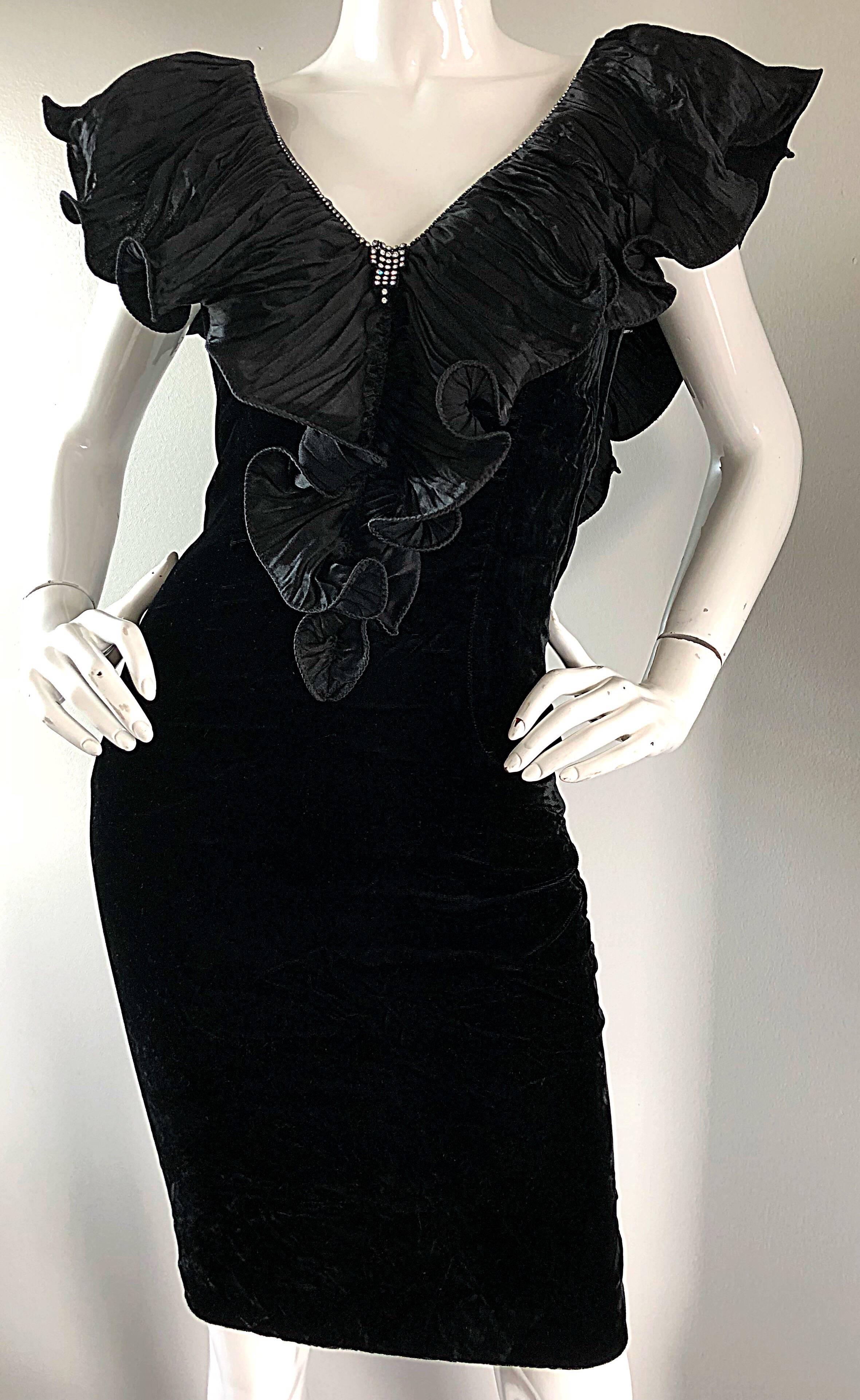 Women's Avant Garde 80s Vintage Black Crushed Velvet Bodycon Rhinestone Cocktail Dress