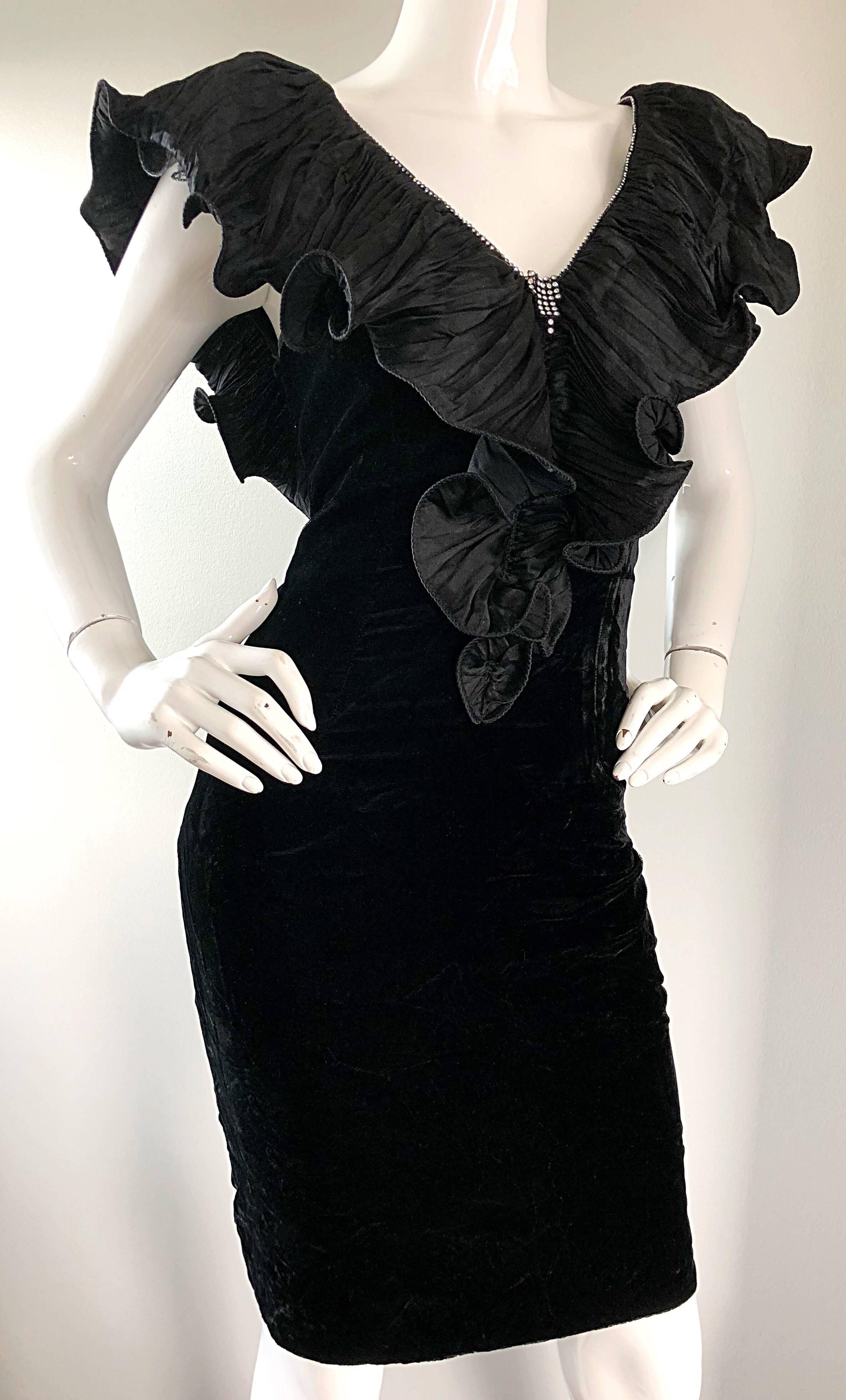 Avant Garde 80s Vintage Black Crushed Velvet Bodycon Rhinestone Cocktail Dress 1