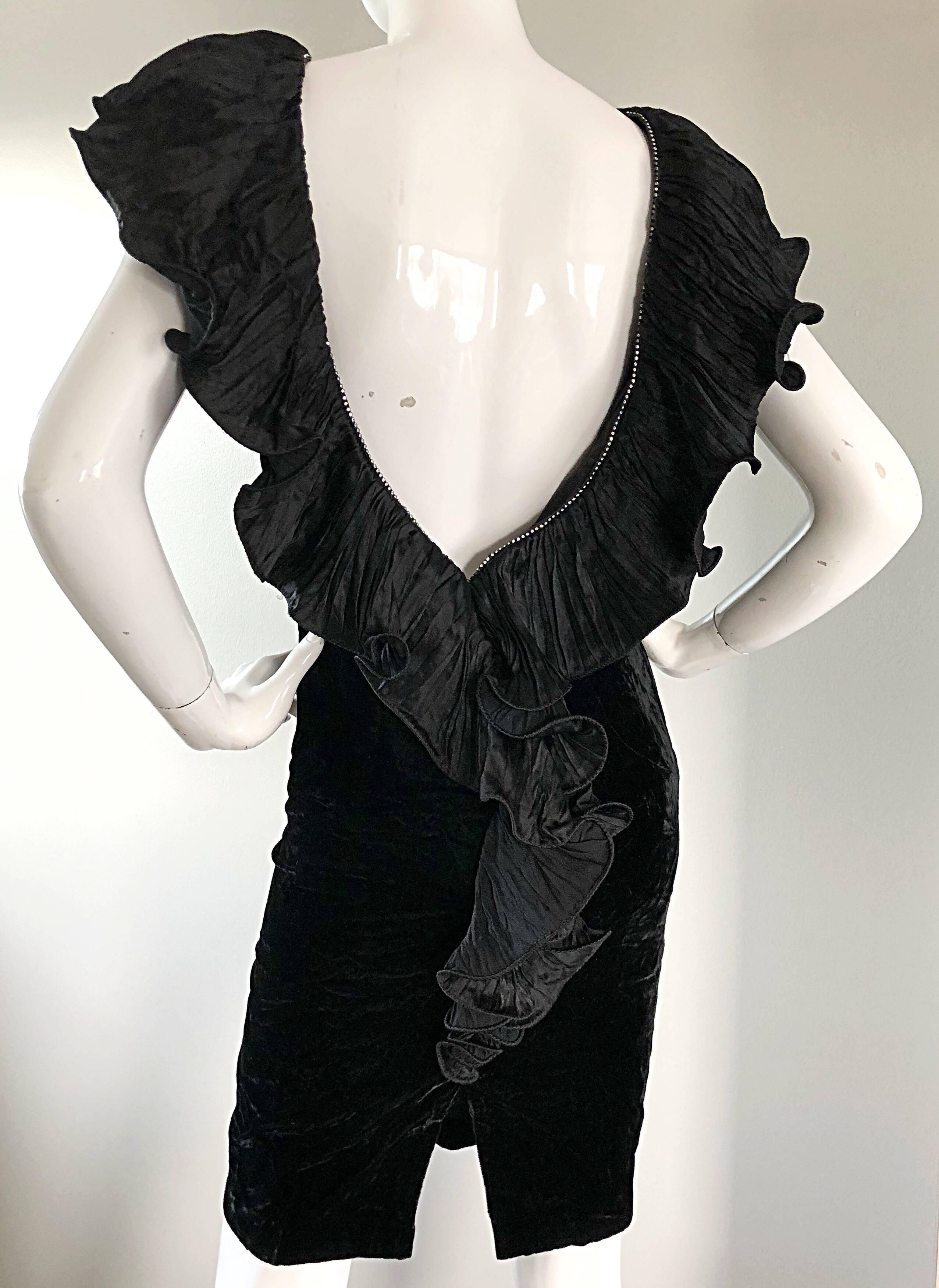 Avant Garde 80s Vintage Black Crushed Velvet Bodycon Rhinestone Cocktail Dress 2
