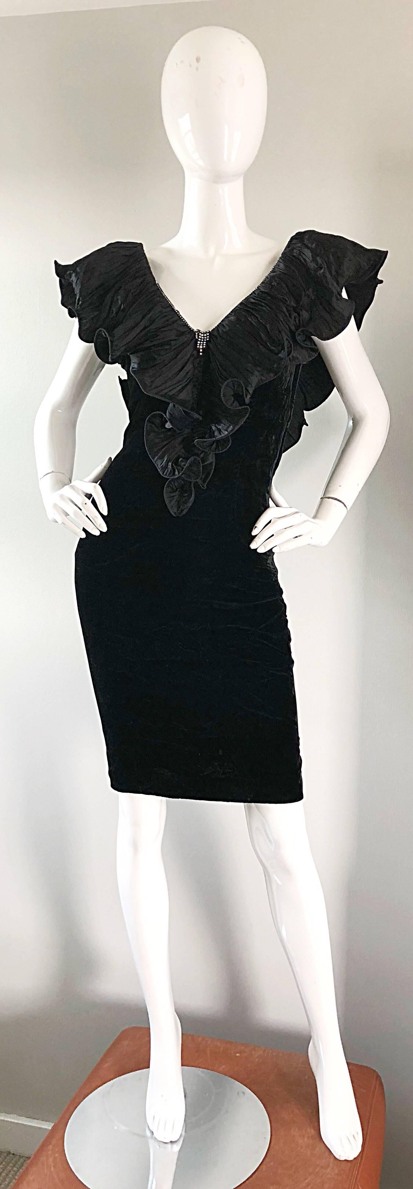 Avant Garde 80s Vintage Black Crushed Velvet Bodycon Rhinestone Cocktail Dress 3