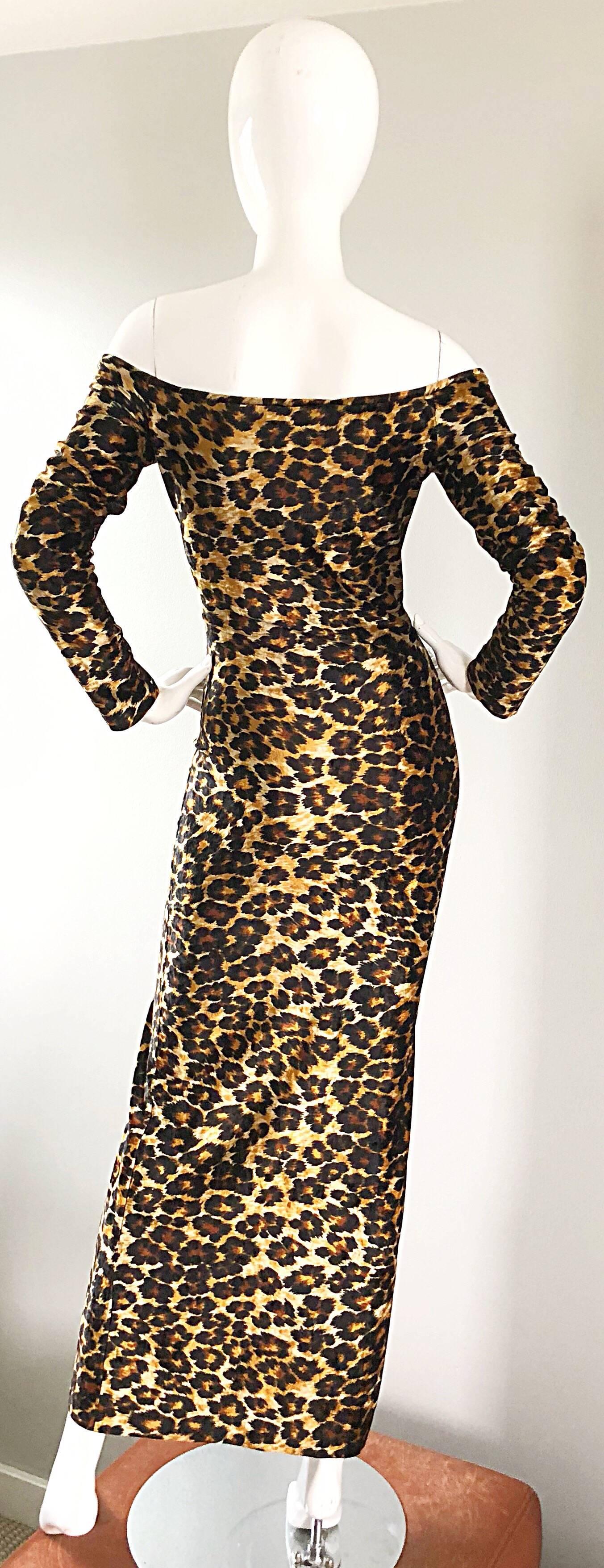 Black Patrick Kelly Vintage Sexy 80s Leopard Print Off Shoulder Cheetah Dress 1980s