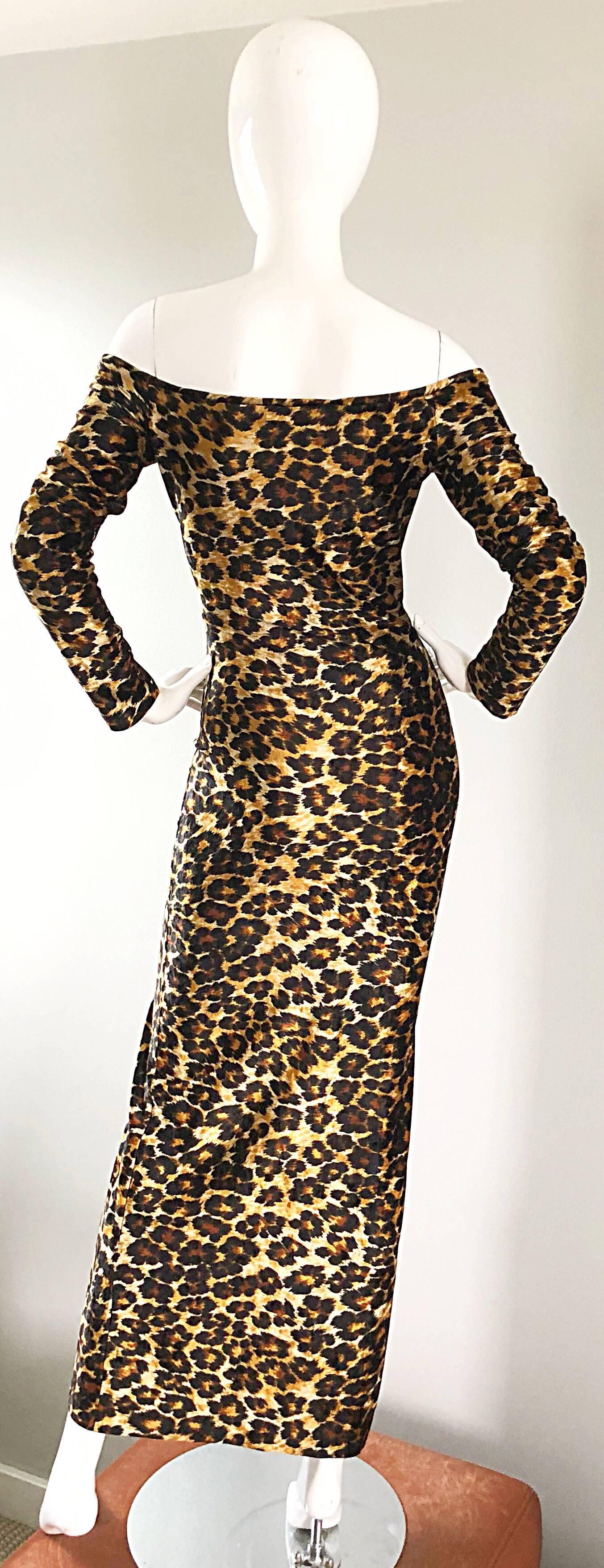 Black Patrick Kelly Vintage Sexy 80s Leopard Print Off Shoulder Cheetah Dress 1980s 