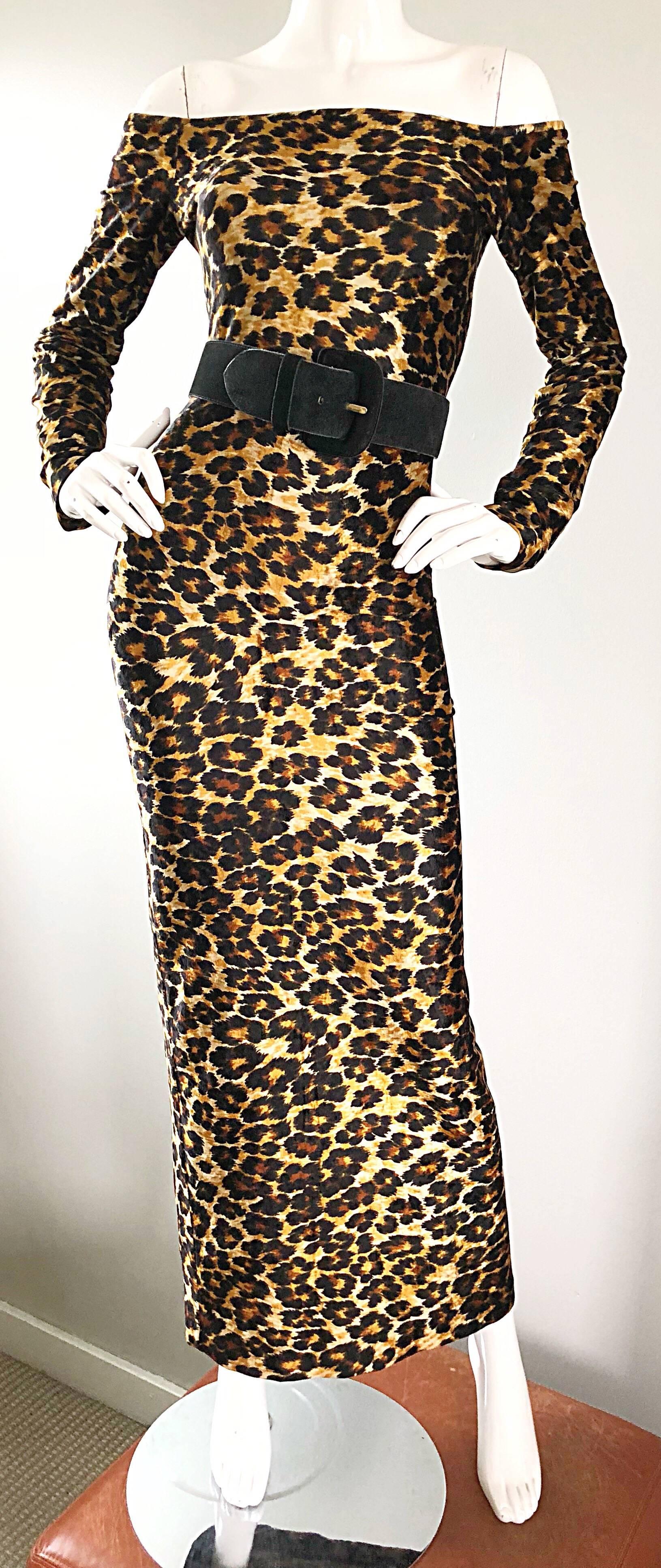 Patrick Kelly Vintage Sexy 80s Leopard Print Off Shoulder Cheetah Dress 1980s  In Excellent Condition In San Diego, CA