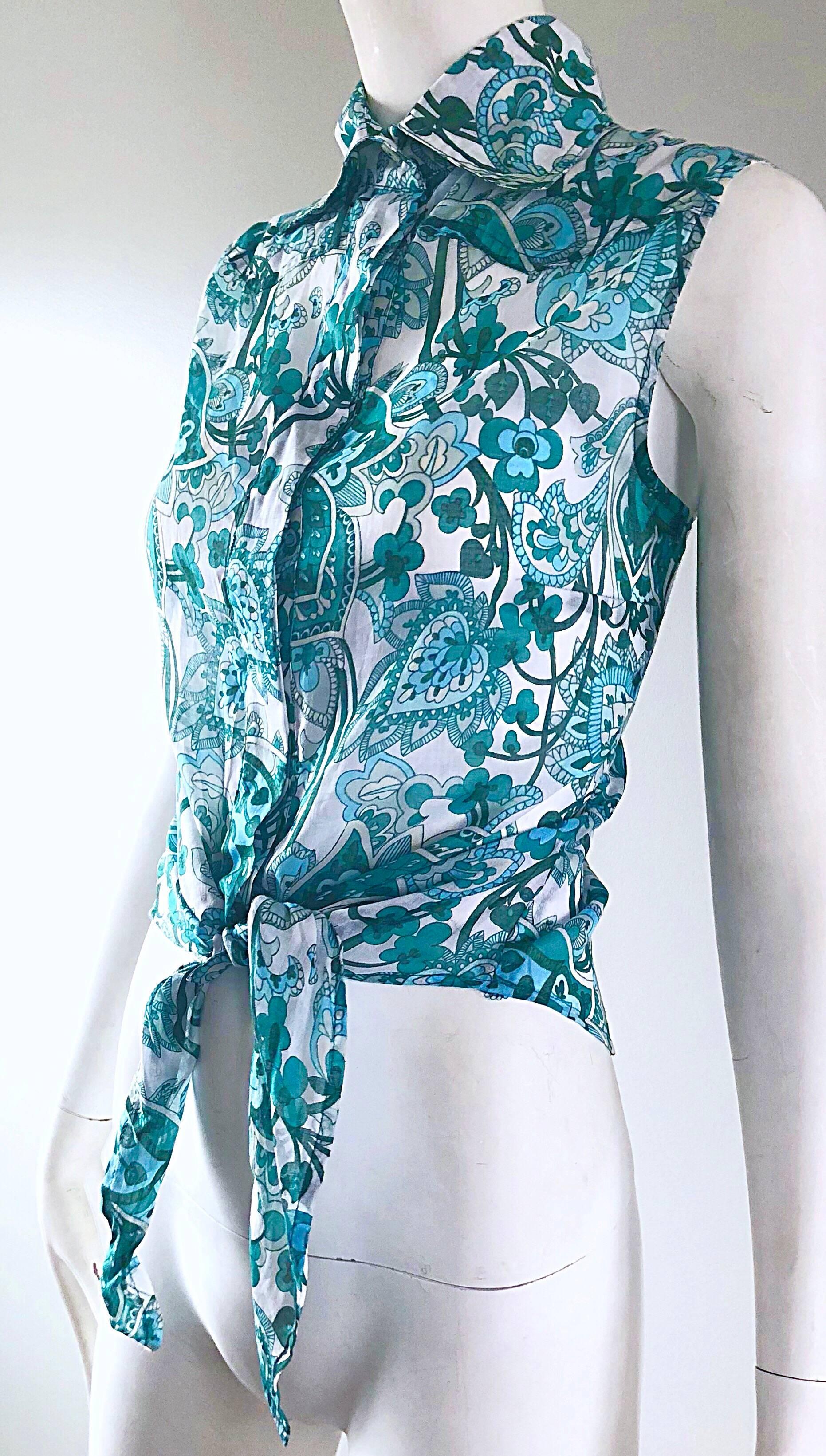Blu Patrizia Pepe - Crop Top vintage con motivo Paisley blu turchese e bianco, anni '90 in vendita