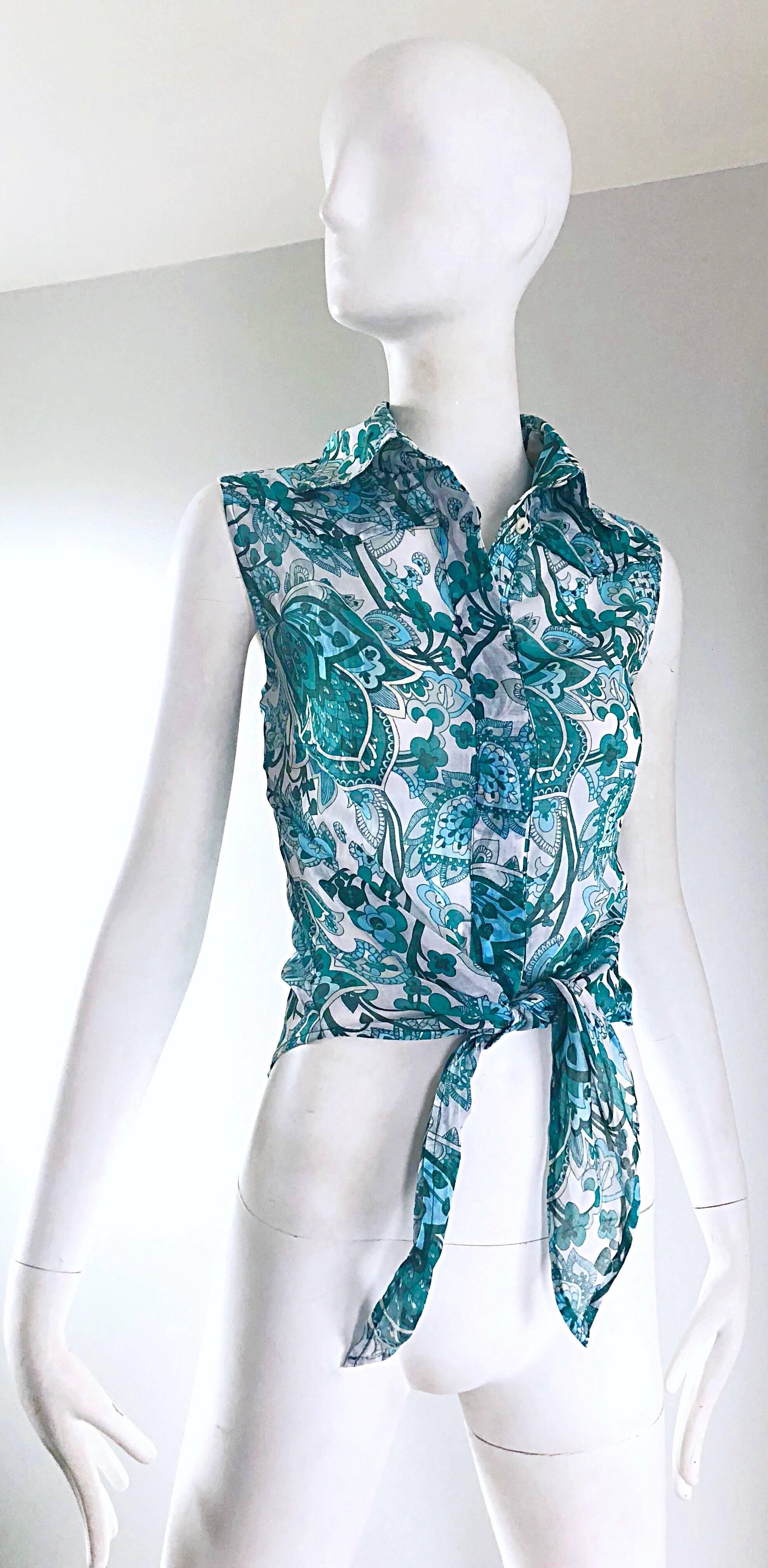 Women's Patrizia Pepe Turquoise Blue Teal and White Paisley Vintage Crop Top, 1990s  For Sale