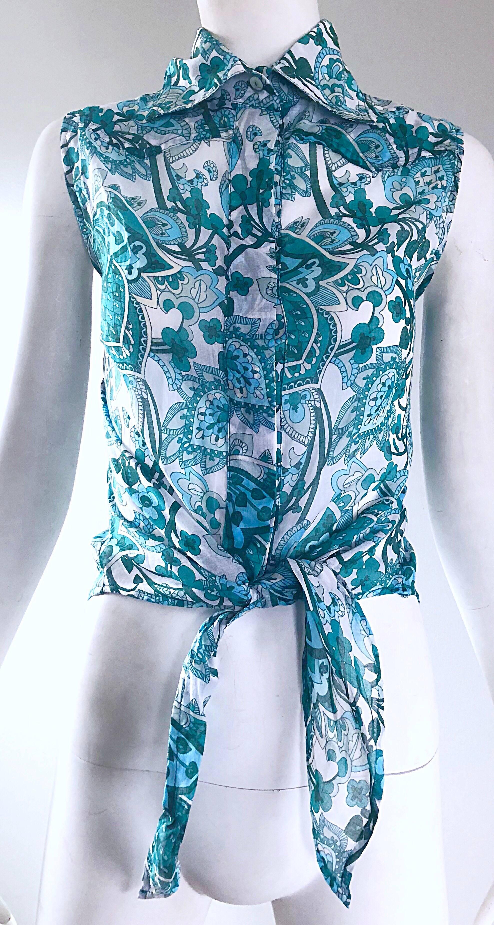 Patrizia Pepe Turquoise Blue Teal and White Paisley Vintage Crop Top, 1990s  For Sale 1
