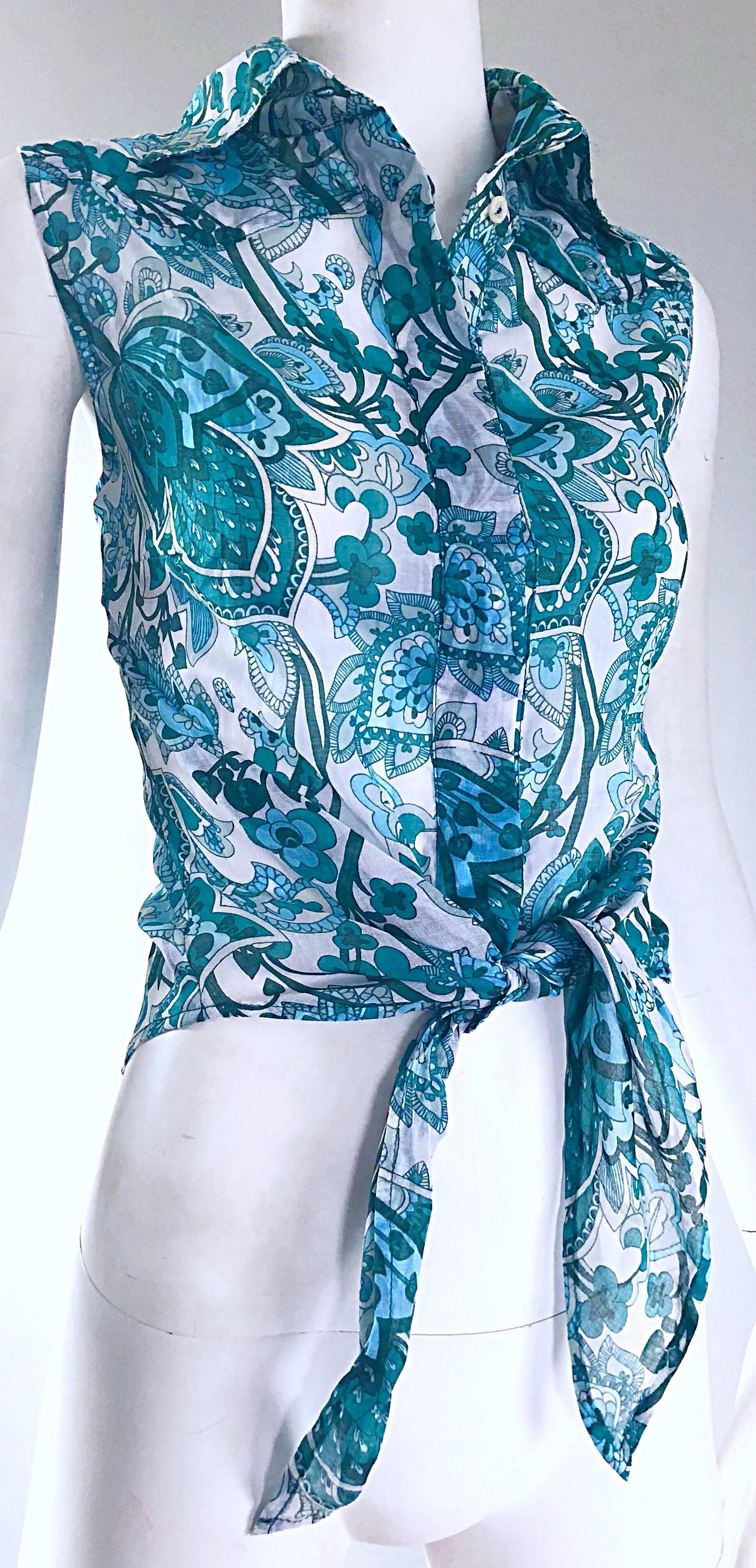 Patrizia Pepe Turquoise Blue Teal and White Paisley Vintage Crop Top, 1990s  For Sale 2