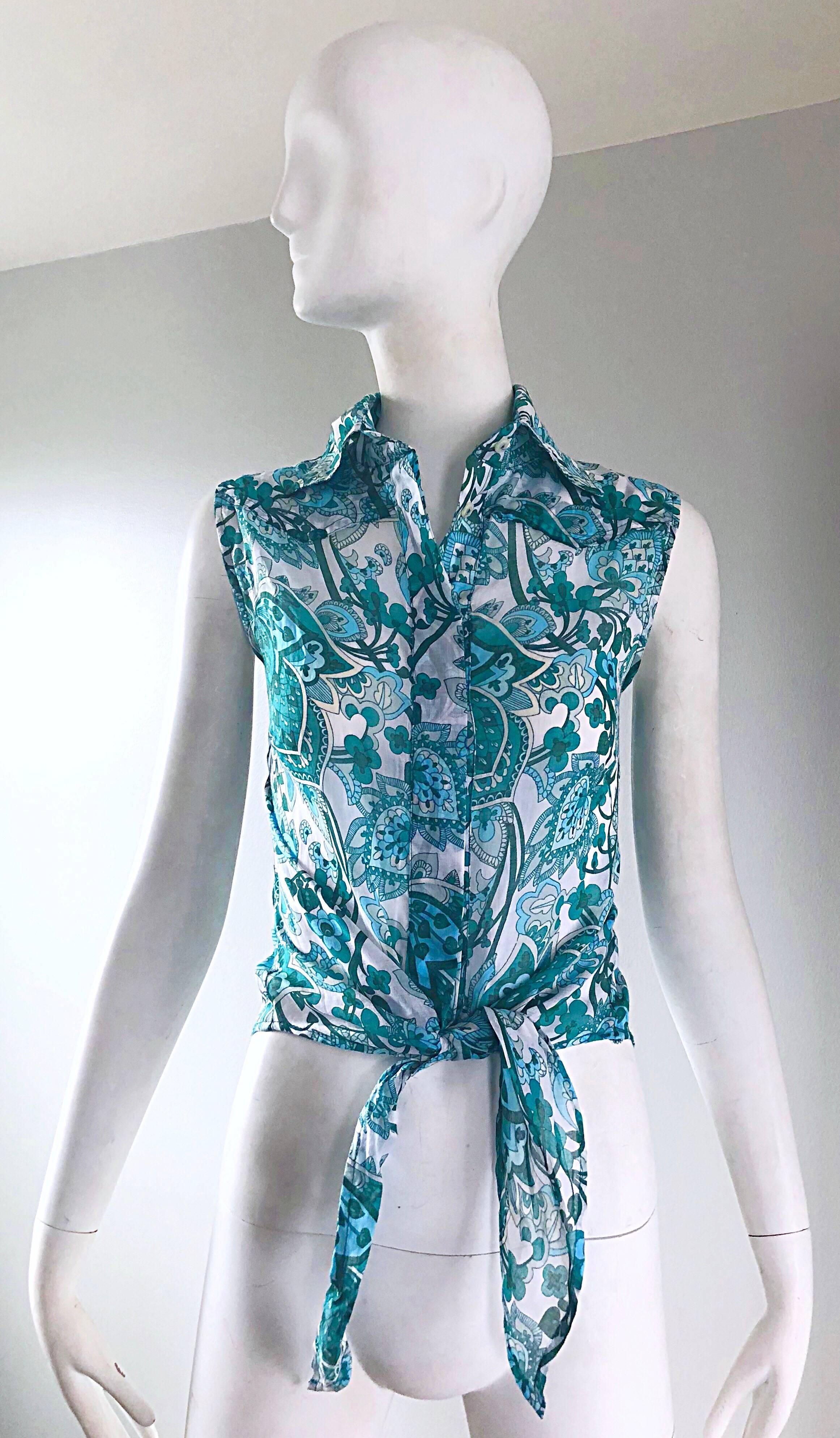 Patrizia Pepe Turquoise Blue Teal and White Paisley Vintage Crop Top, 1990s  For Sale 4