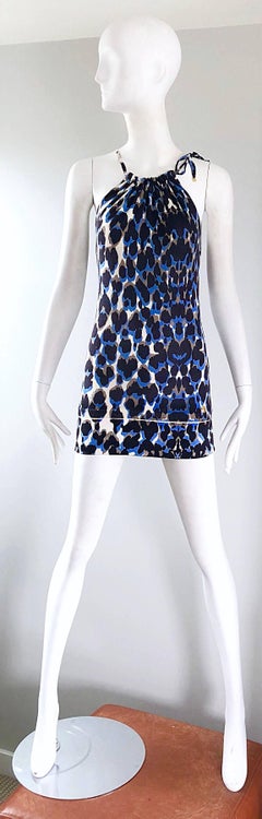 Roberto Cavalli 1990s Vintage Blue Leopard Print Silk Knit 90s Mini Dress