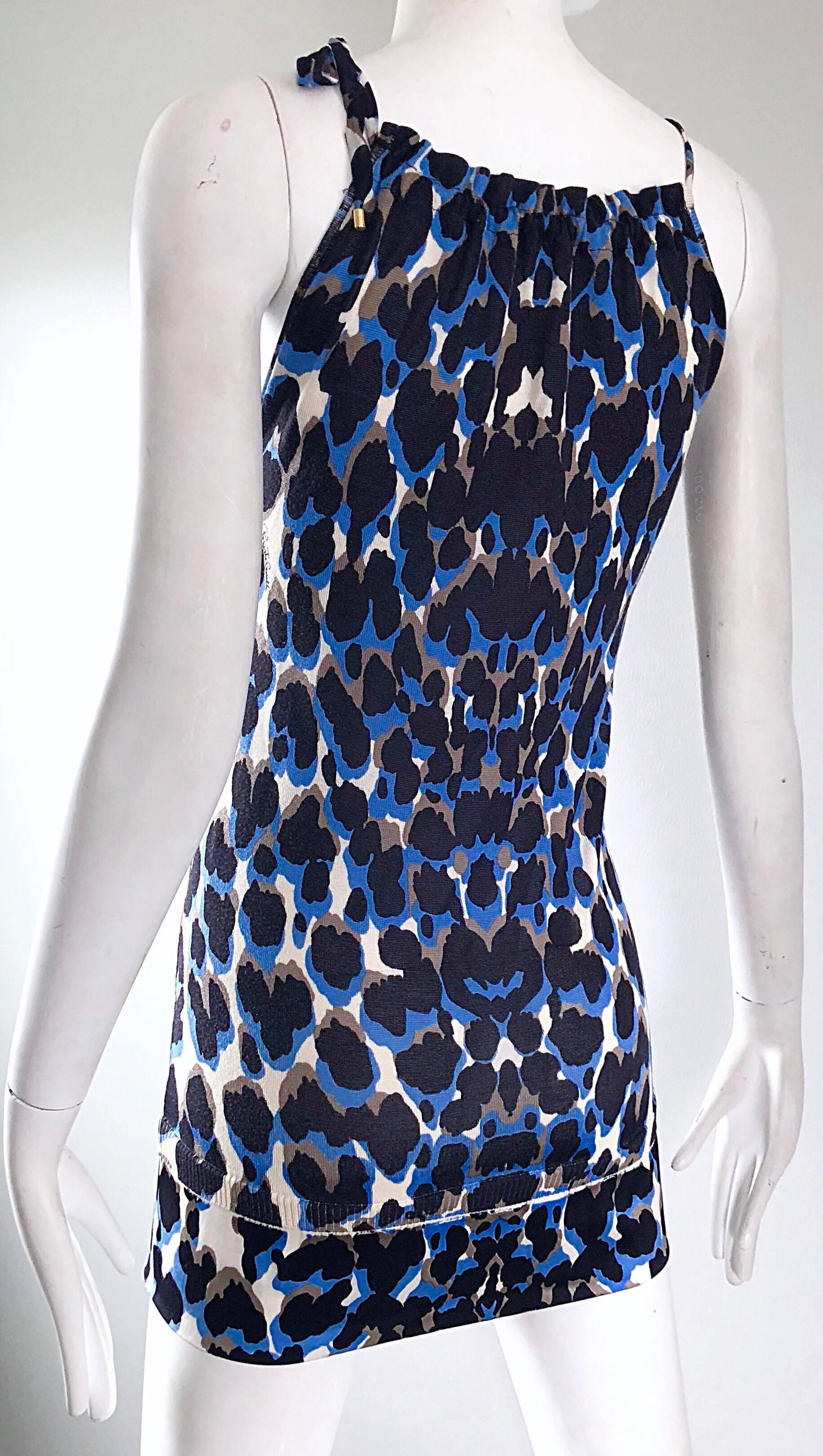 Roberto Cavalli 1990s Vintage Blue Leopard Print Silk Knit 90s Mini Dress In Excellent Condition In San Diego, CA