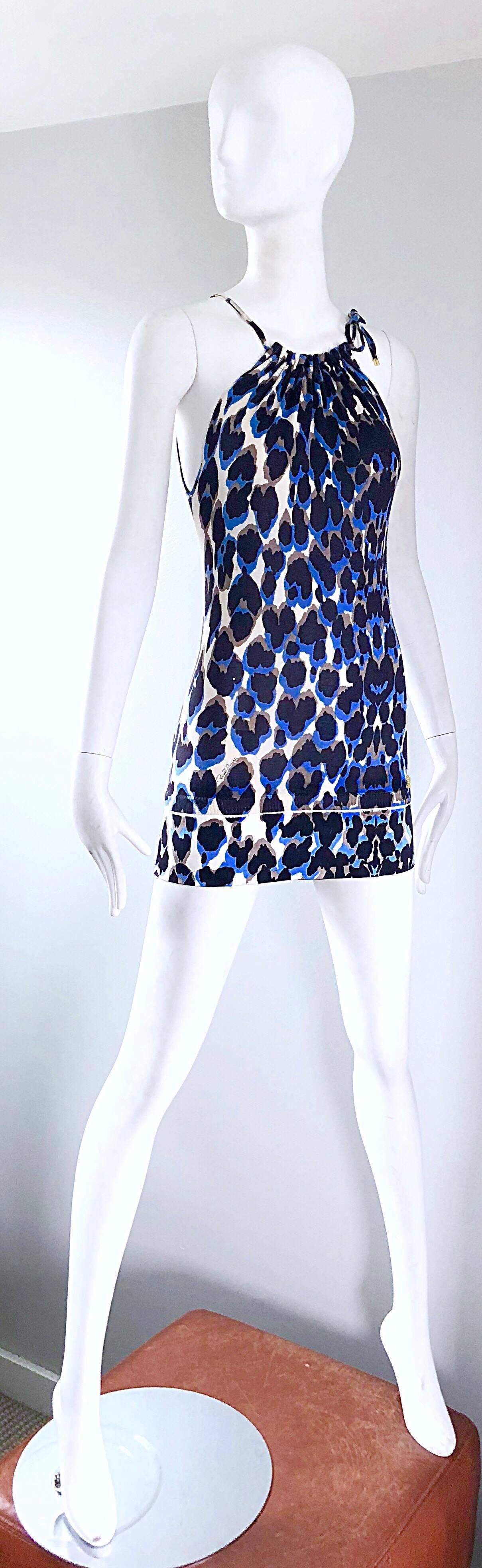 Women's Roberto Cavalli 1990s Vintage Blue Leopard Print Silk Knit 90s Mini Dress
