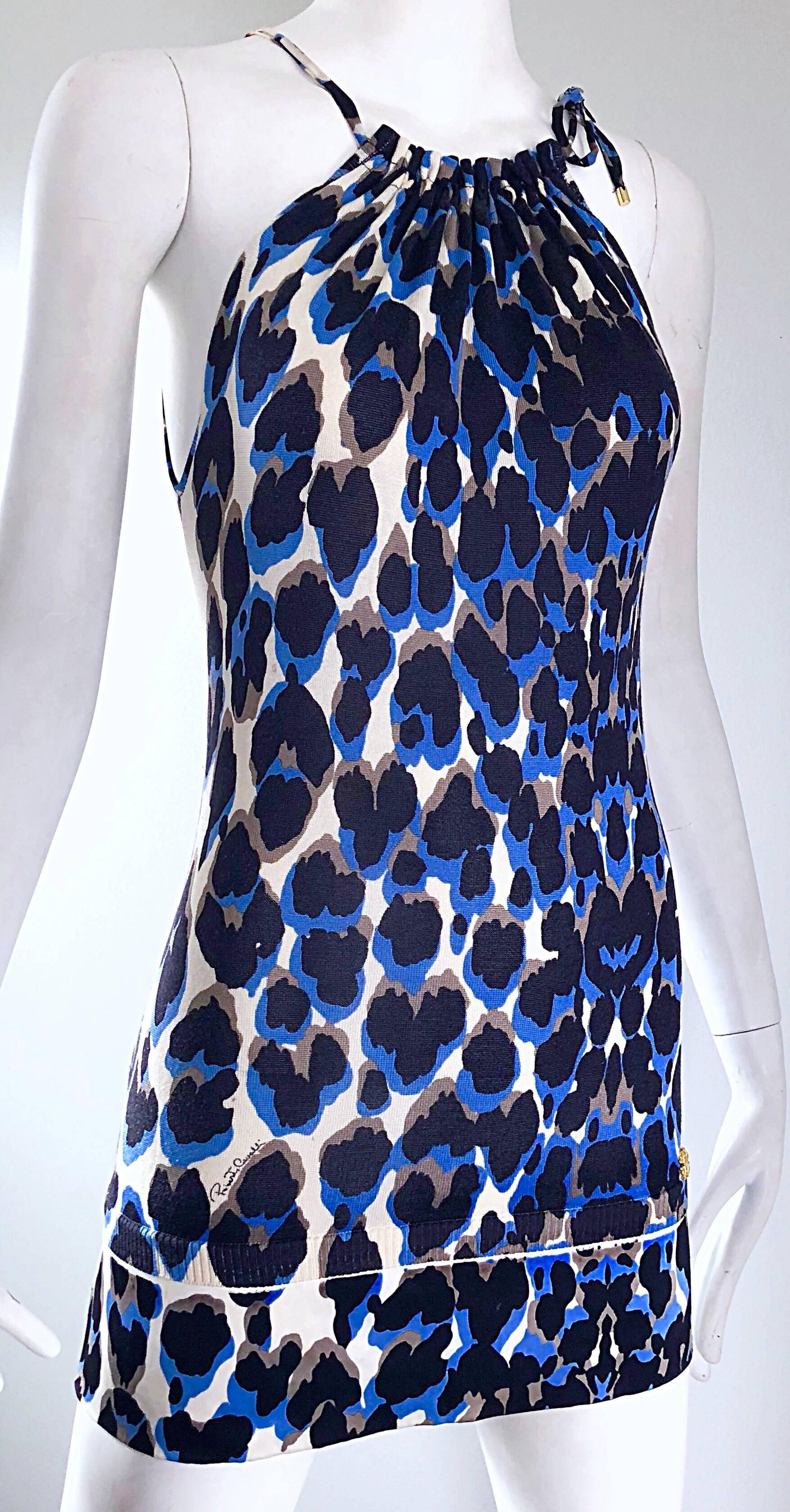 Roberto Cavalli 1990s Vintage Blue Leopard Print Silk Knit 90s Mini Dress 1