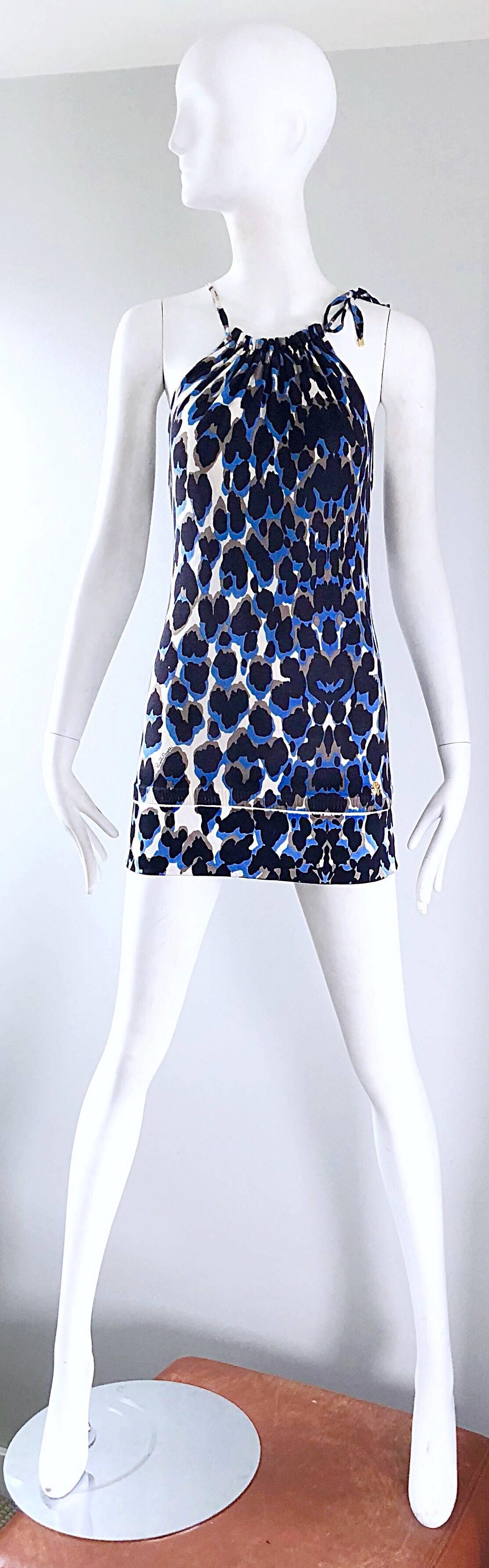 Roberto Cavalli 1990s Vintage Blue Leopard Print Silk Knit 90s Mini Dress 2