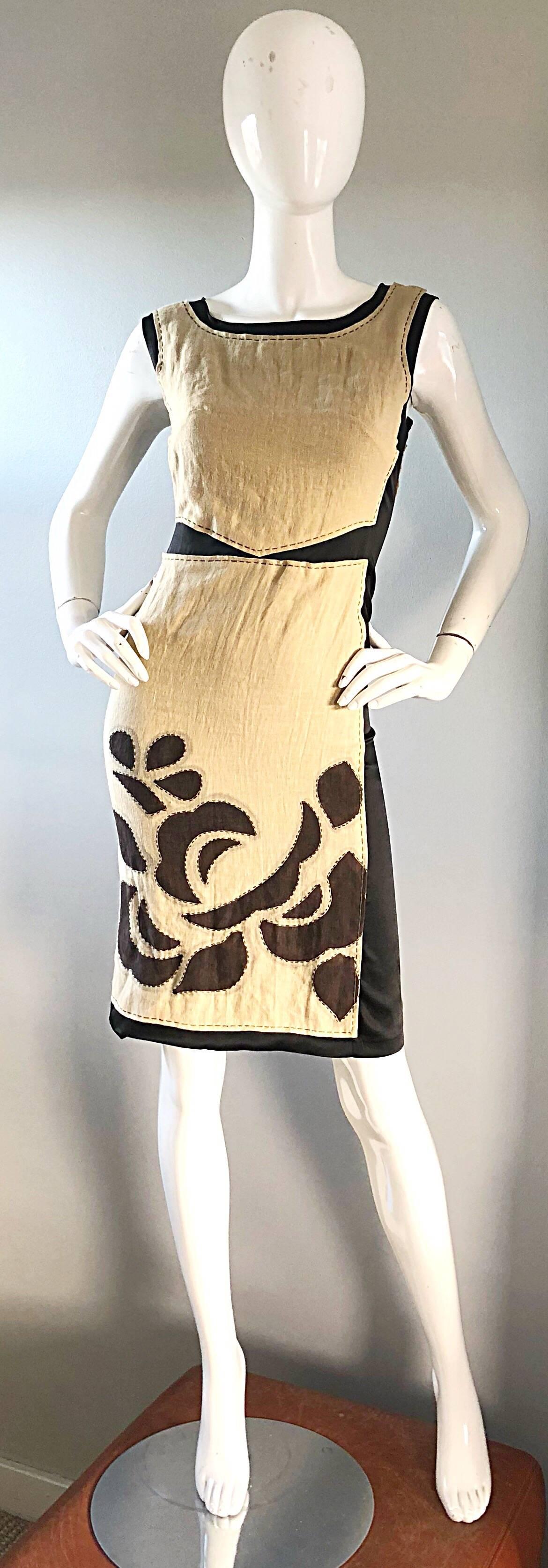 Chic vintage 90s ALBERTA FERRETTI tan, brown and black linen and silk sheath dress! Features tan linen, with brown abstract patches. Black liquid silk sides and waist. Hidden zipper up the side. Great for day or evening. Perfect with sandals, flats