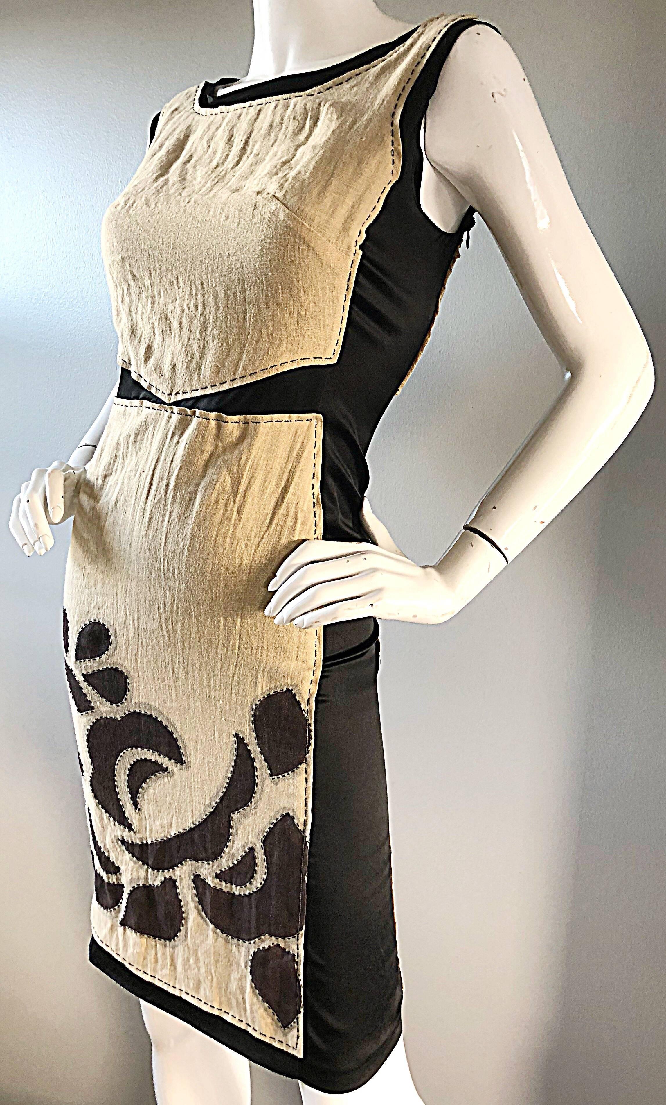 Beige Alberta Ferretti Tan Brown Black Sz 6 Linen and Silk Patchwork Vintage Dress   For Sale