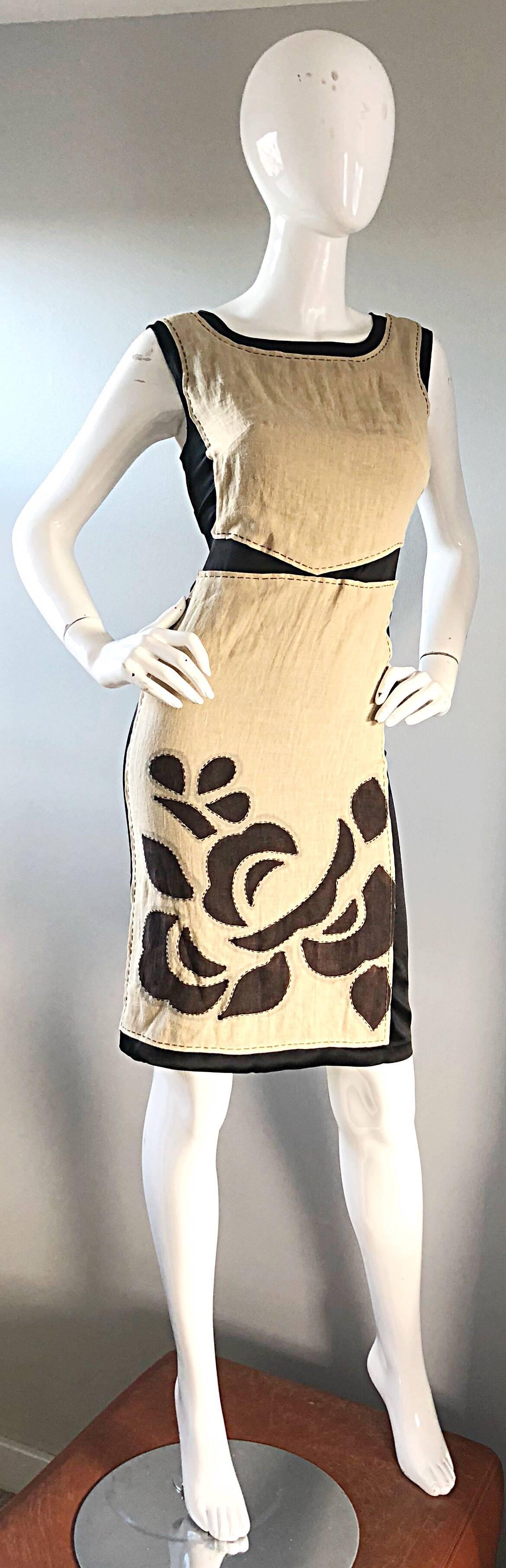 Women's Alberta Ferretti Tan Brown Black Sz 6 Linen and Silk Patchwork Vintage Dress   For Sale