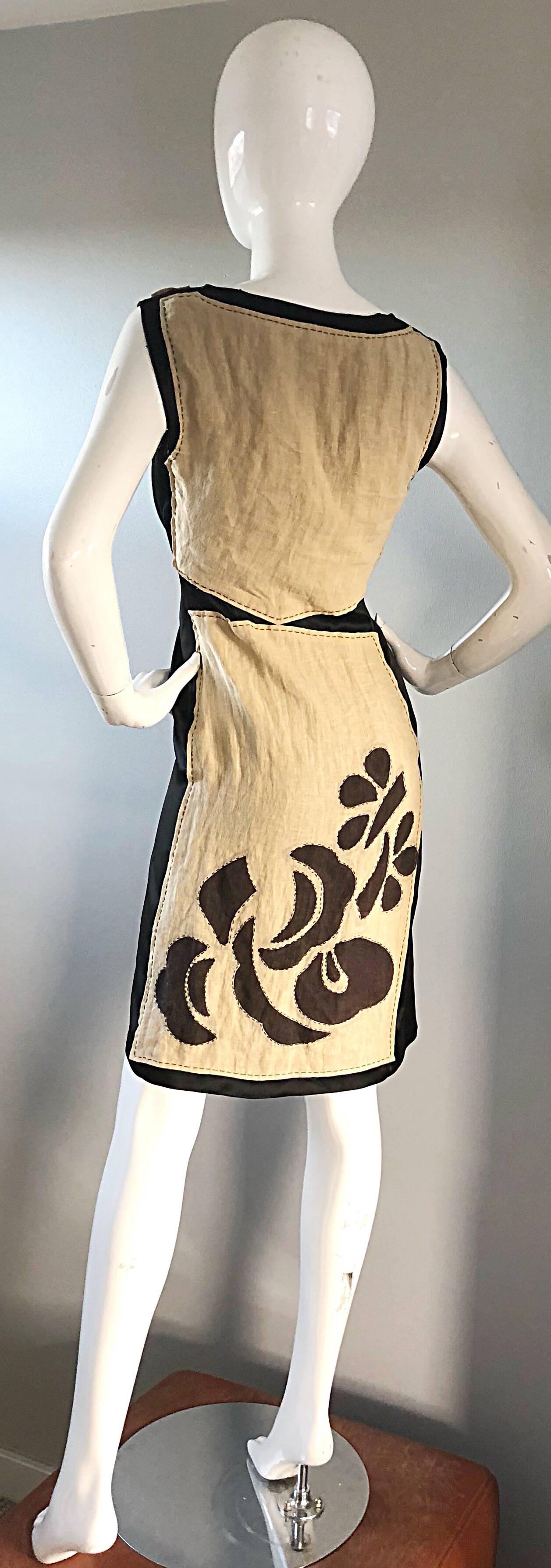 Alberta Ferretti Tan Brown Black Sz 6 Linen and Silk Patchwork Vintage Dress For Sale 1