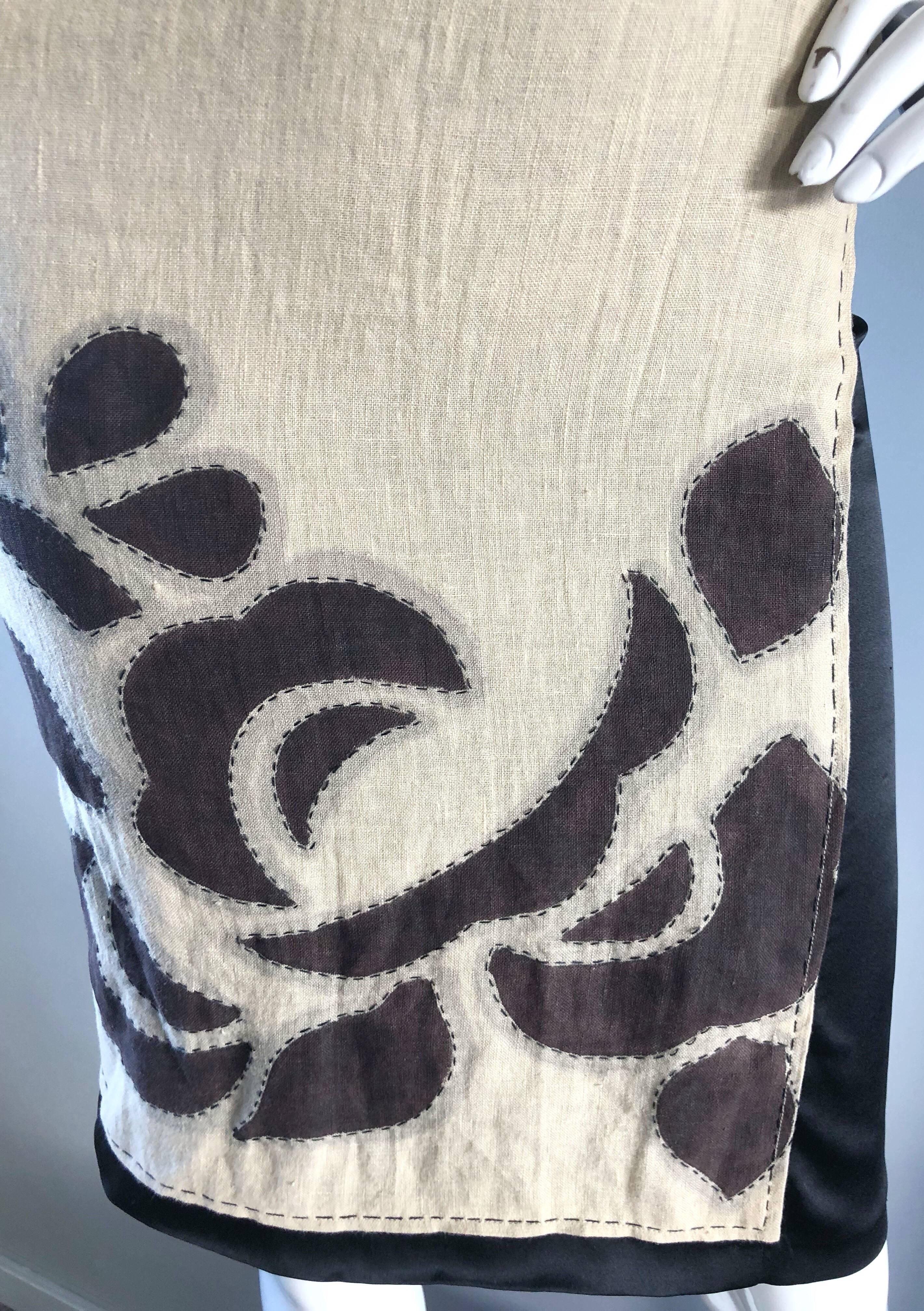 Alberta Ferretti Tan Brown Black Sz 6 Linen and Silk Patchwork Vintage Dress   In Excellent Condition For Sale In San Diego, CA