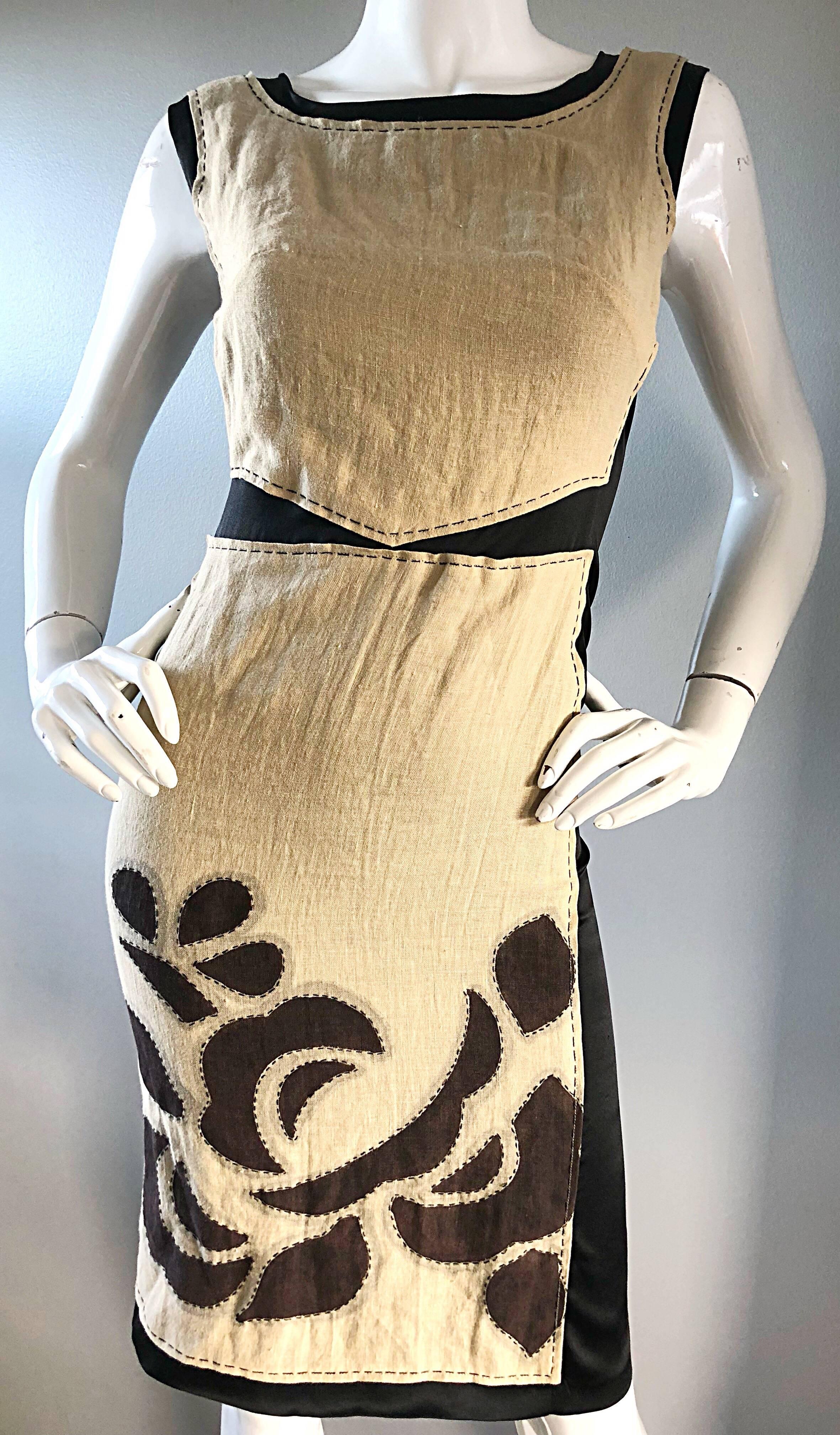 Alberta Ferretti Tan Brown Black Sz 6 Linen and Silk Patchwork Vintage Dress   For Sale 2