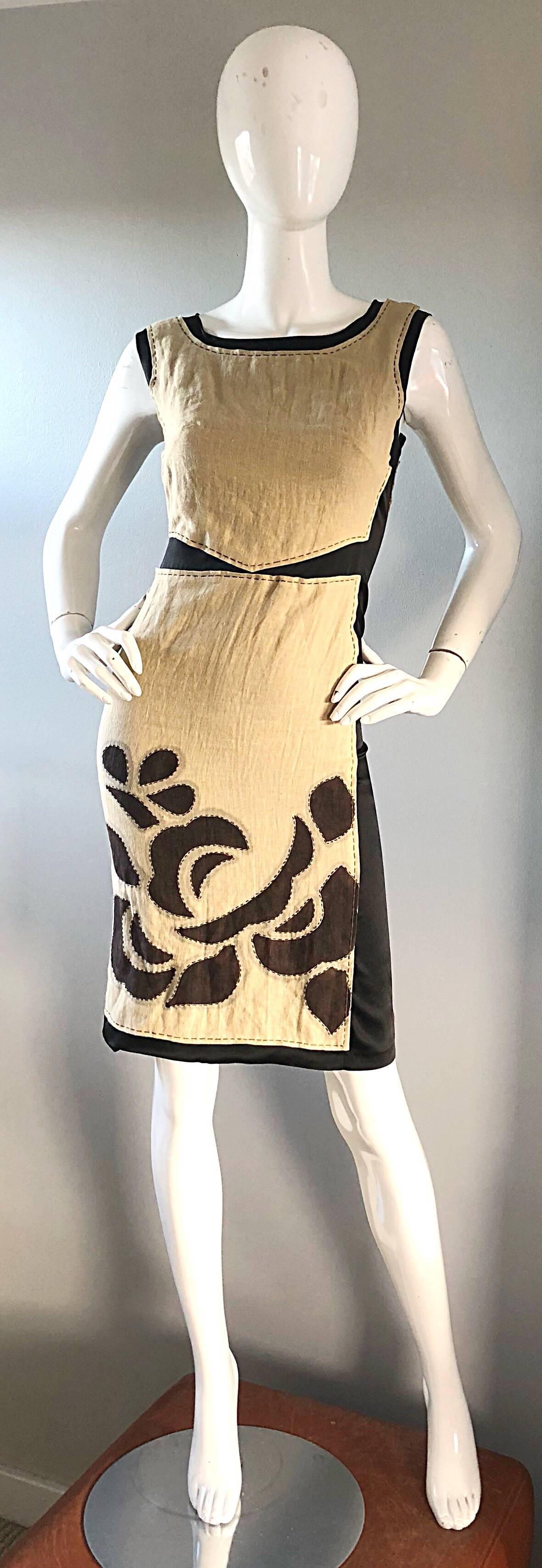 Alberta Ferretti Tan Brown Black Sz 6 Linen and Silk Patchwork Vintage Dress   For Sale 3