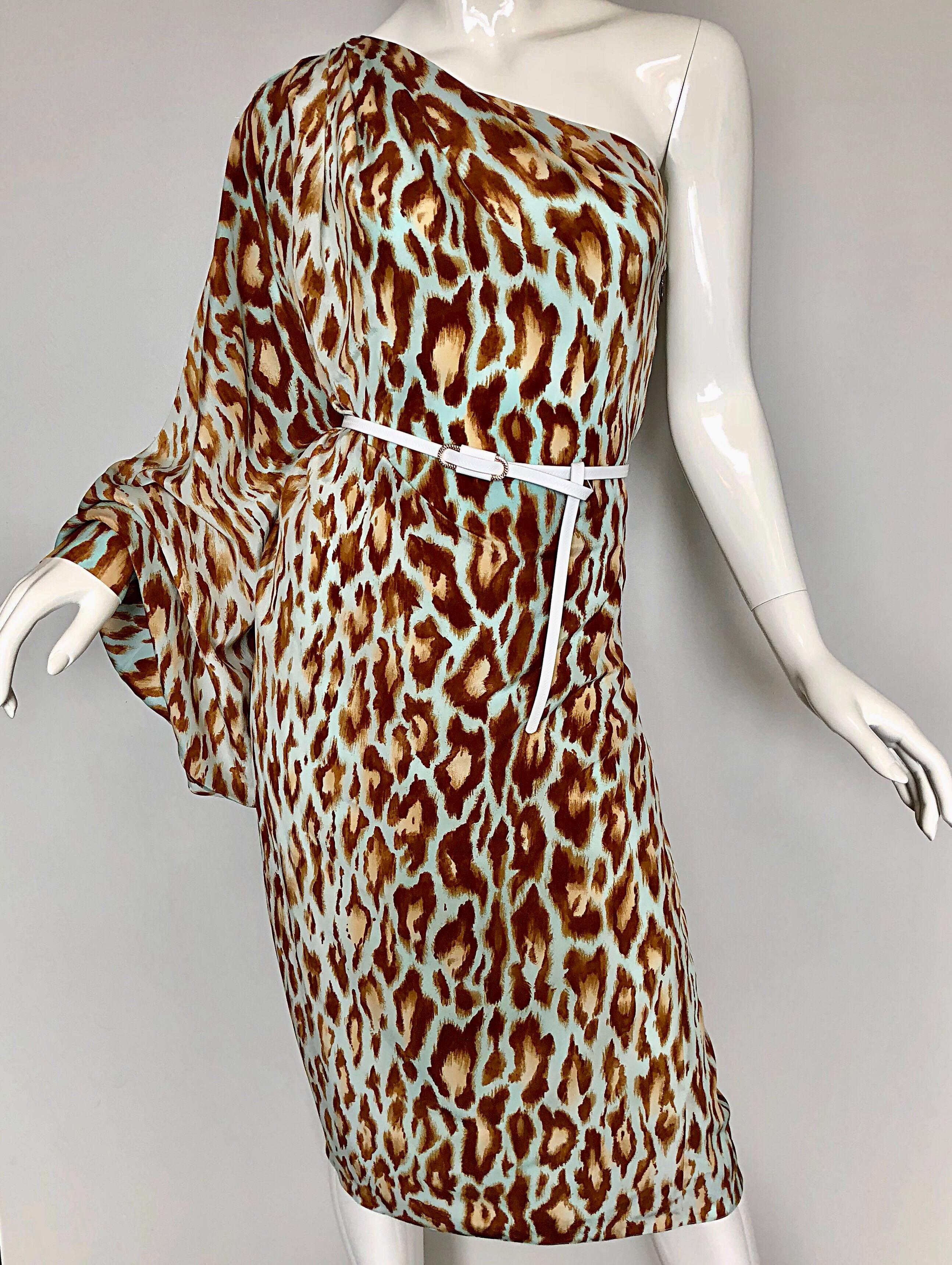 Christian Dior by John Galliano Größe 12 Blau Leopard One Shoulder Seidenkleid 1