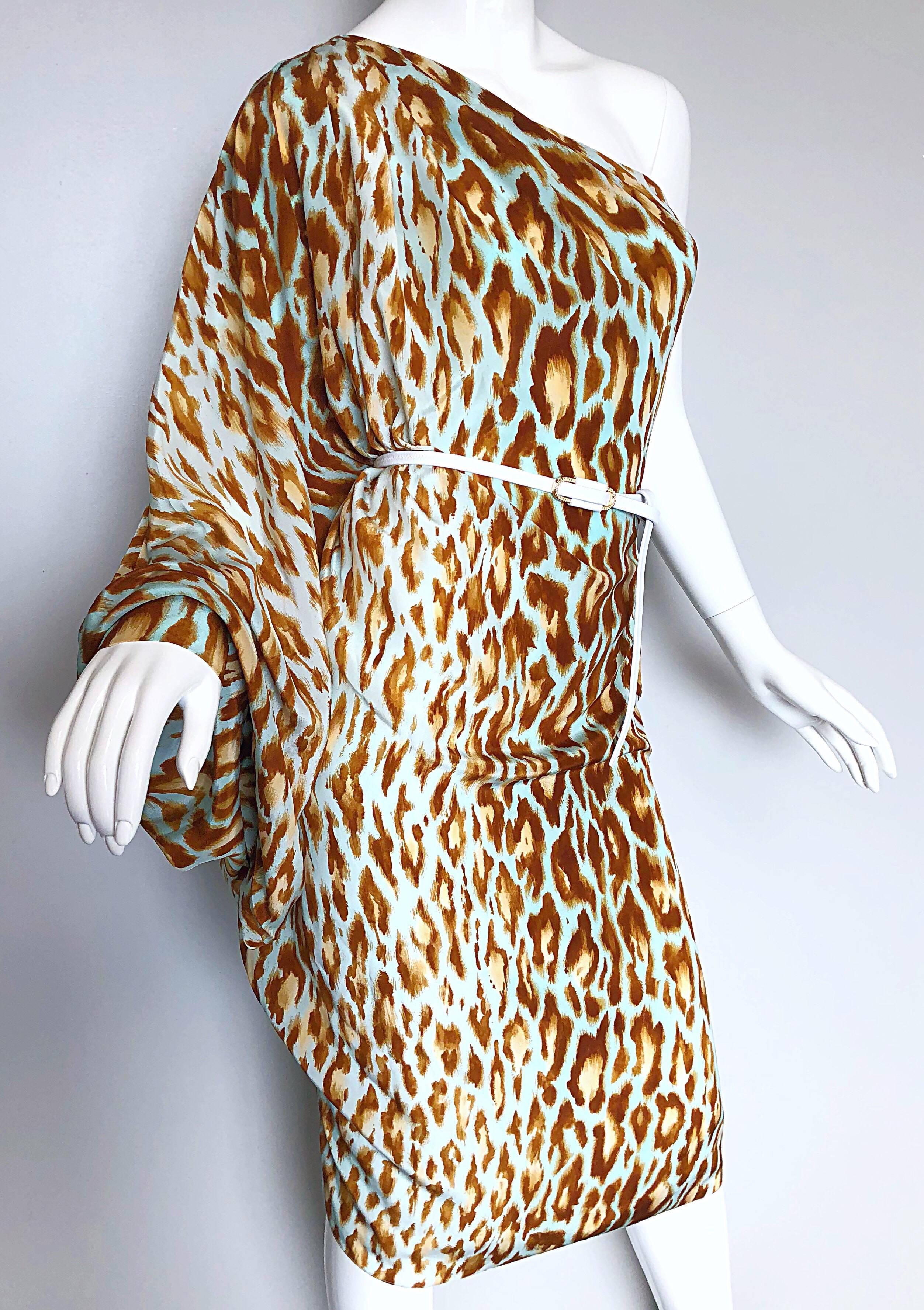 Christian Dior by John Galliano Size 12 Blue Leopard One Shoulder Silk Dress In Excellent Condition In San Diego, CA