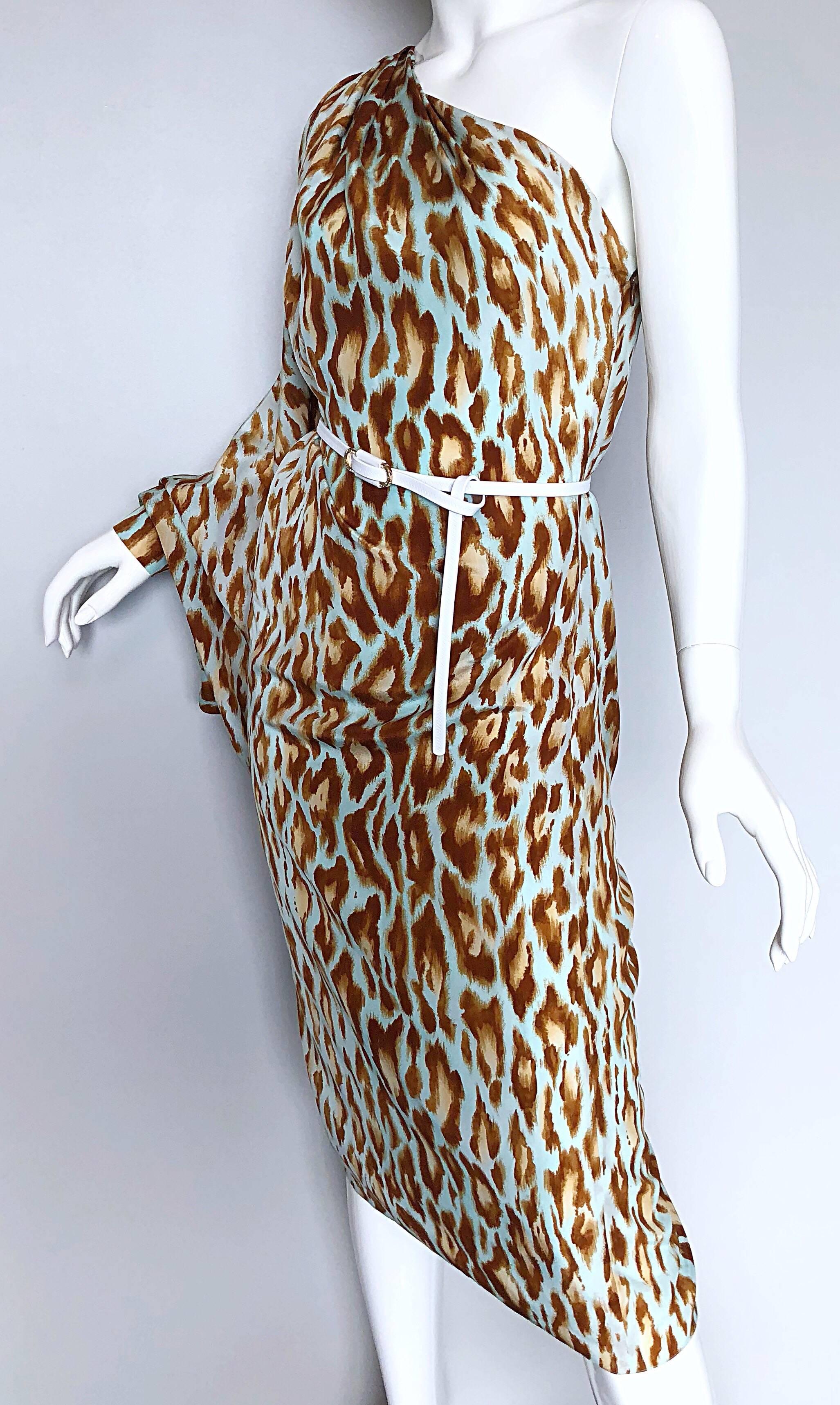 Christian Dior by John Galliano Größe 12 Blau Leopard One Shoulder Seidenkleid 3