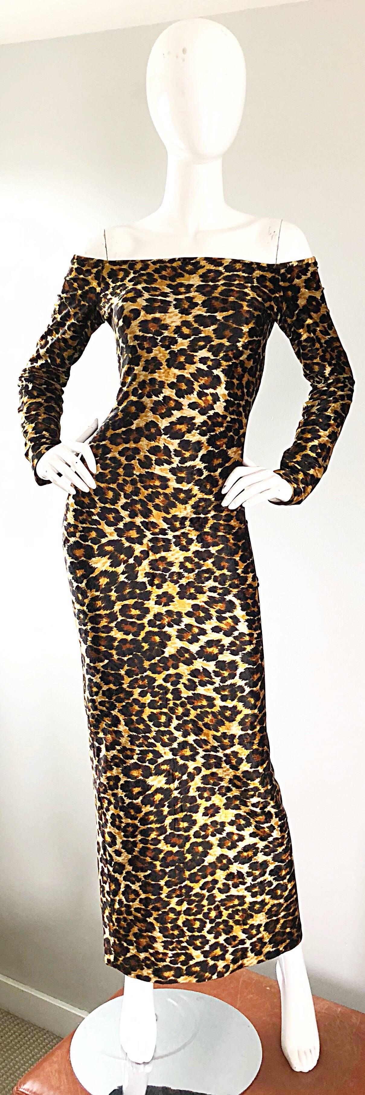 Patrick Kelly Vintage Sexy 80s Leopard Print Off Shoulder Cheetah Dress 1980s  1