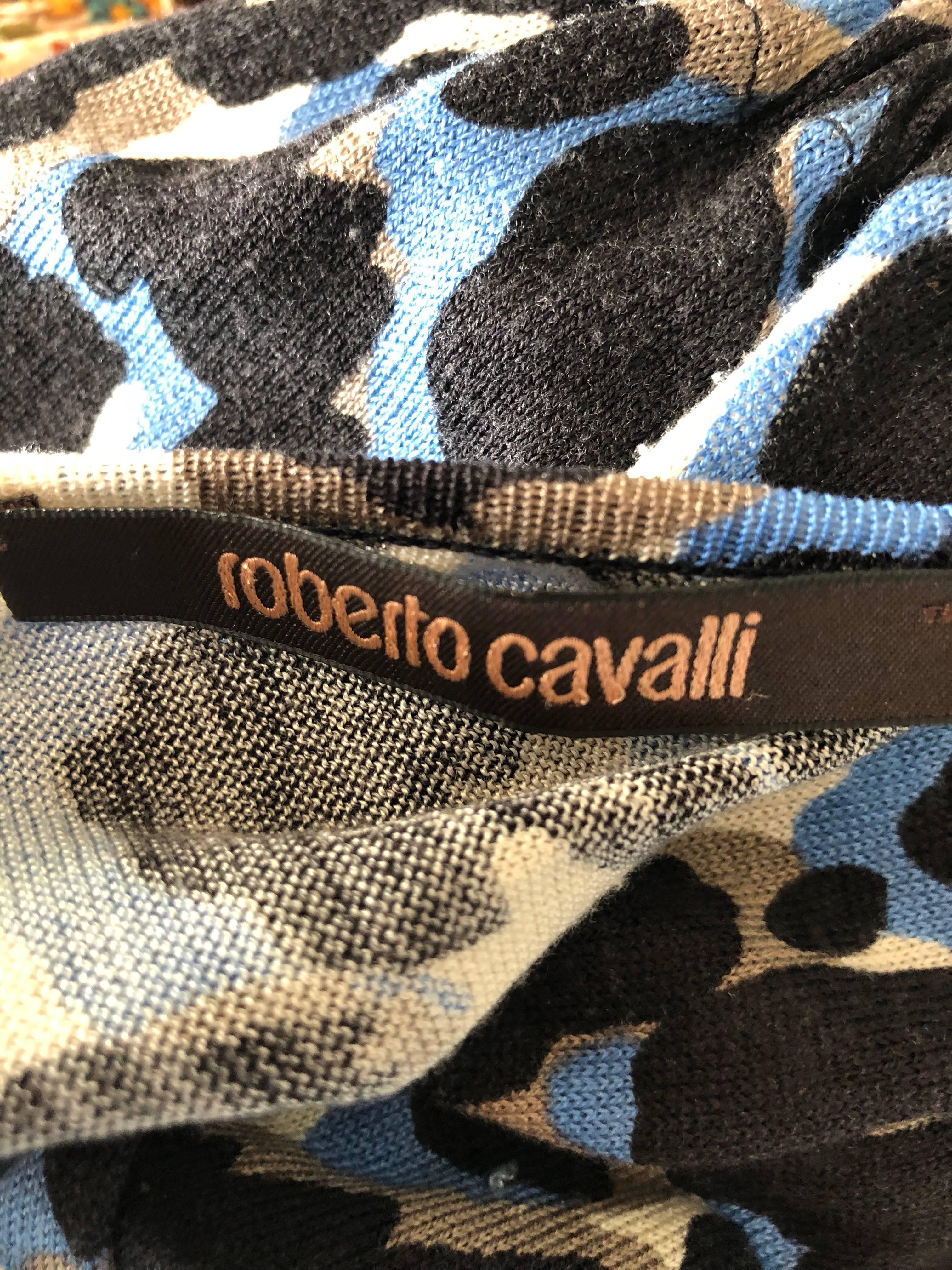 Roberto Cavalli 1990s Vintage Blue Leopard Print Silk Knit 90s Mini Dress 3