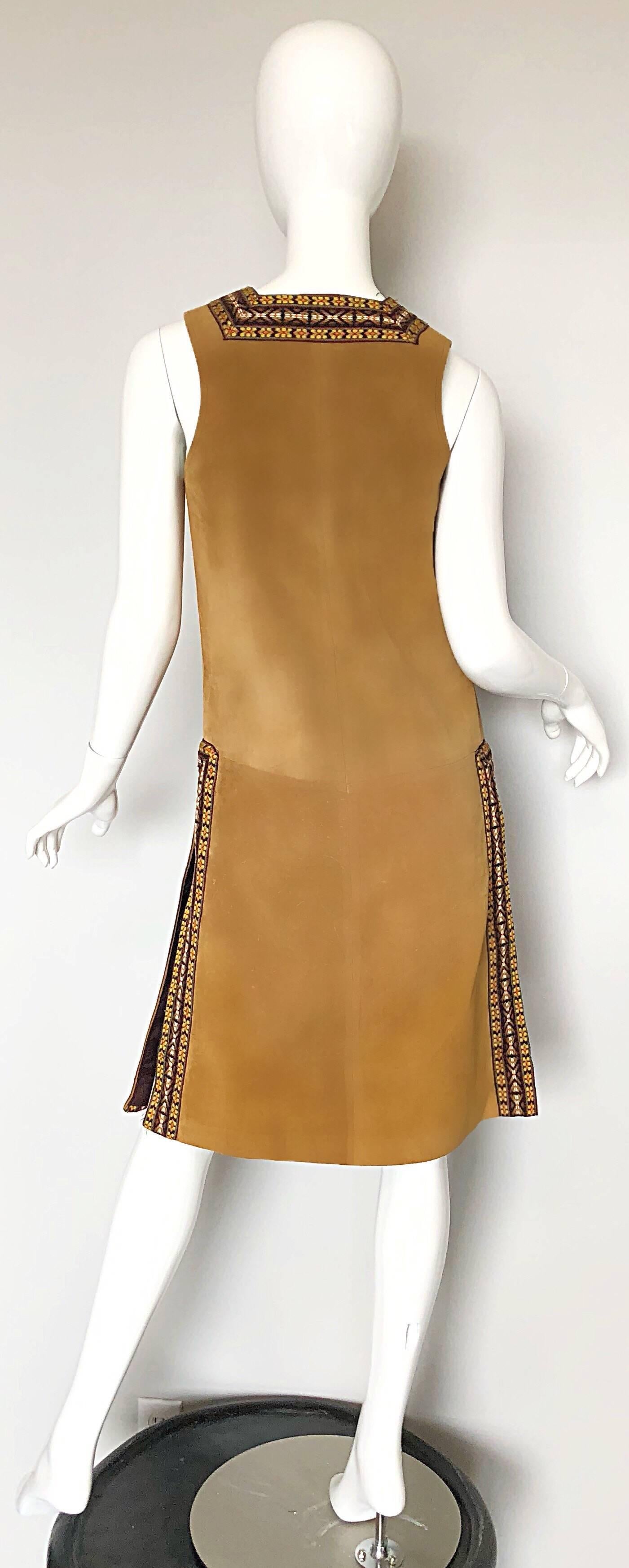 Brown Chic 1970s Tan Suede Leather Embroidered 70s Vintage Boho Sleeveless Vest Jacket For Sale