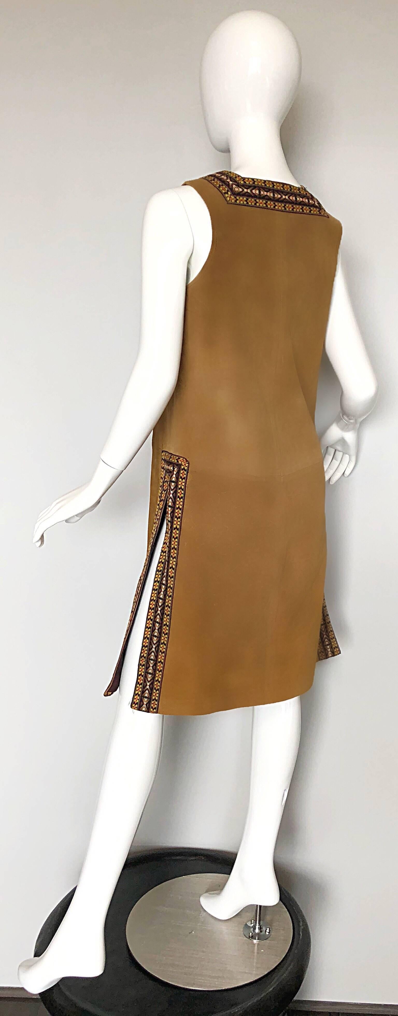 Chic 1970s Tan Suede Leather Embroidered 70s Vintage Boho Sleeveless Vest Jacket For Sale 3