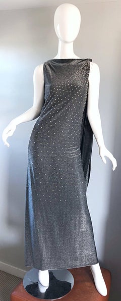Geoffrey Beene 1960s Gunmetal Metallic Silk Lurex Rhinestone Vintage Cape Gown