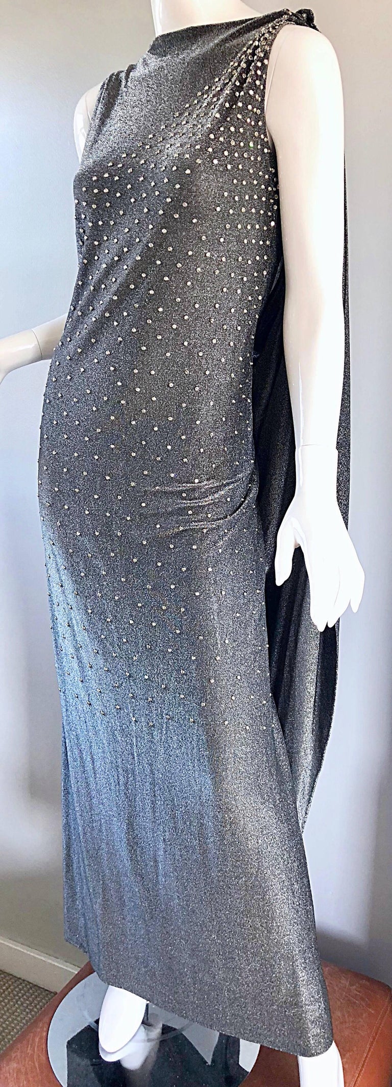 Geoffrey Beene 1960s Gunmetal Metallic Silk Lurex Rhinestone Vintage Cape Gown