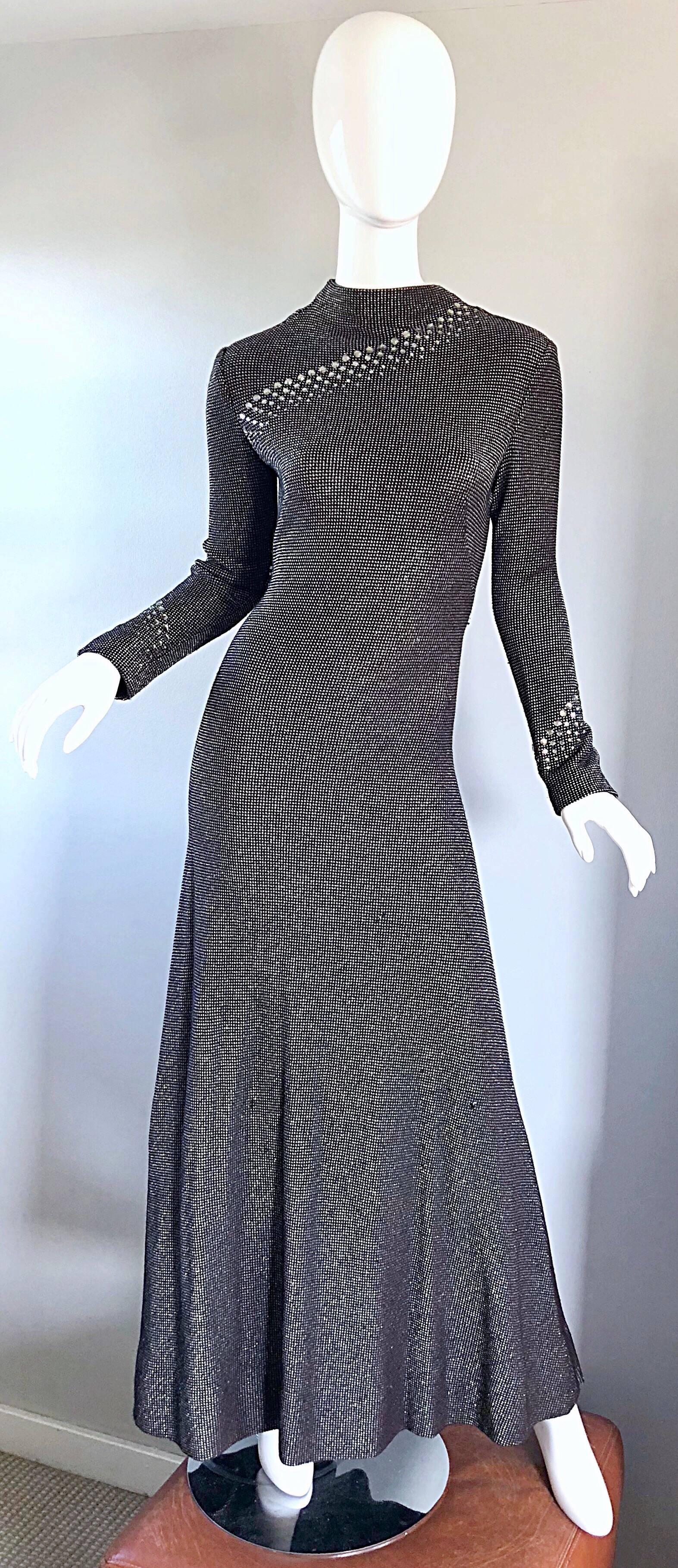 Rare early 1970s PAULINE TRIGERE for NEIMAN MARCUS evening knit maxi dress! Encrusted with hand-sewn rhinestones above the bust, and on each sleeve. Black, white and brown mini print, with just the right amount of metallic sheen. Smart tailored